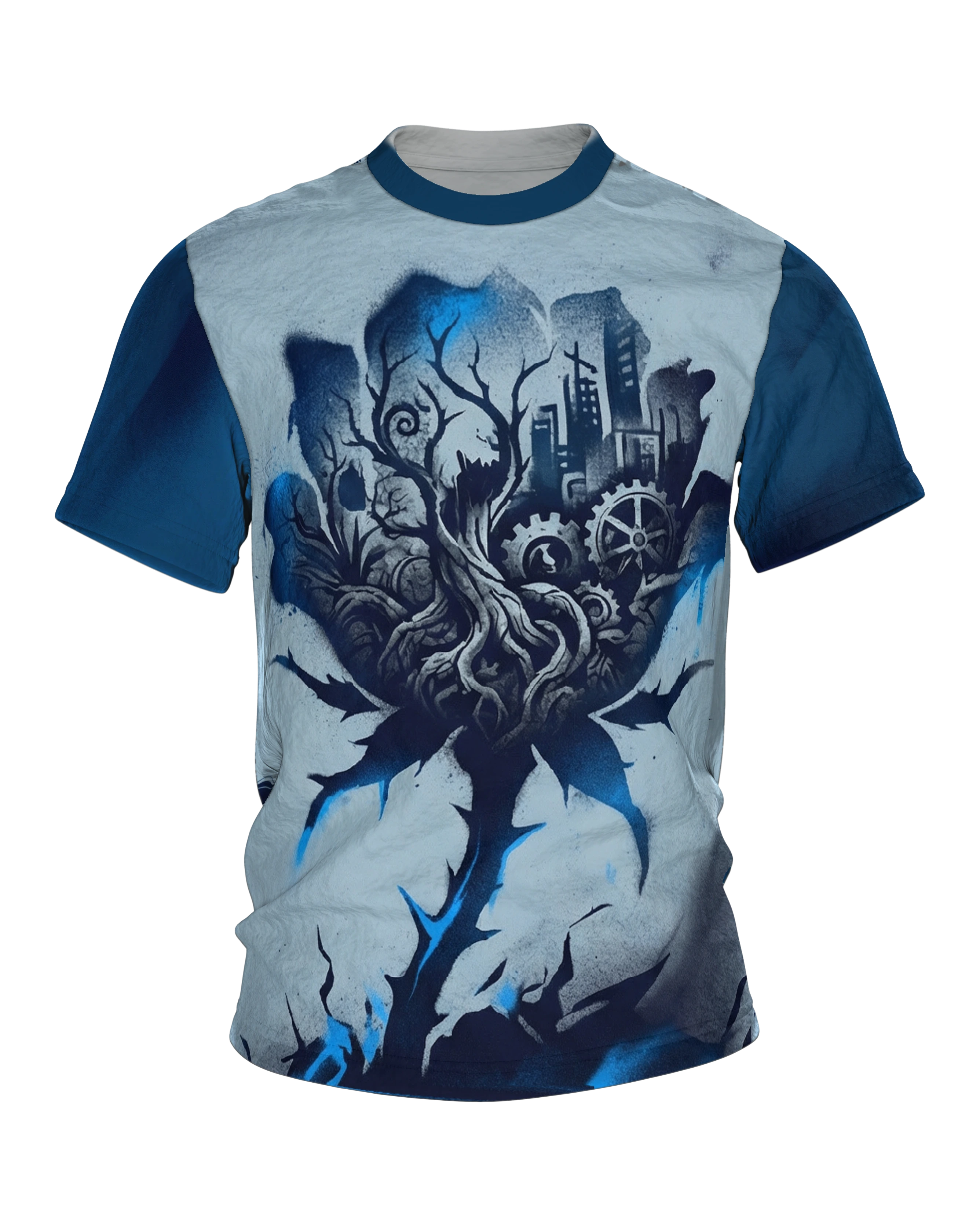 Dystopische Rose T-Shirt, Stadt und Uhrwerksräder in der Blüte, Dark Art
