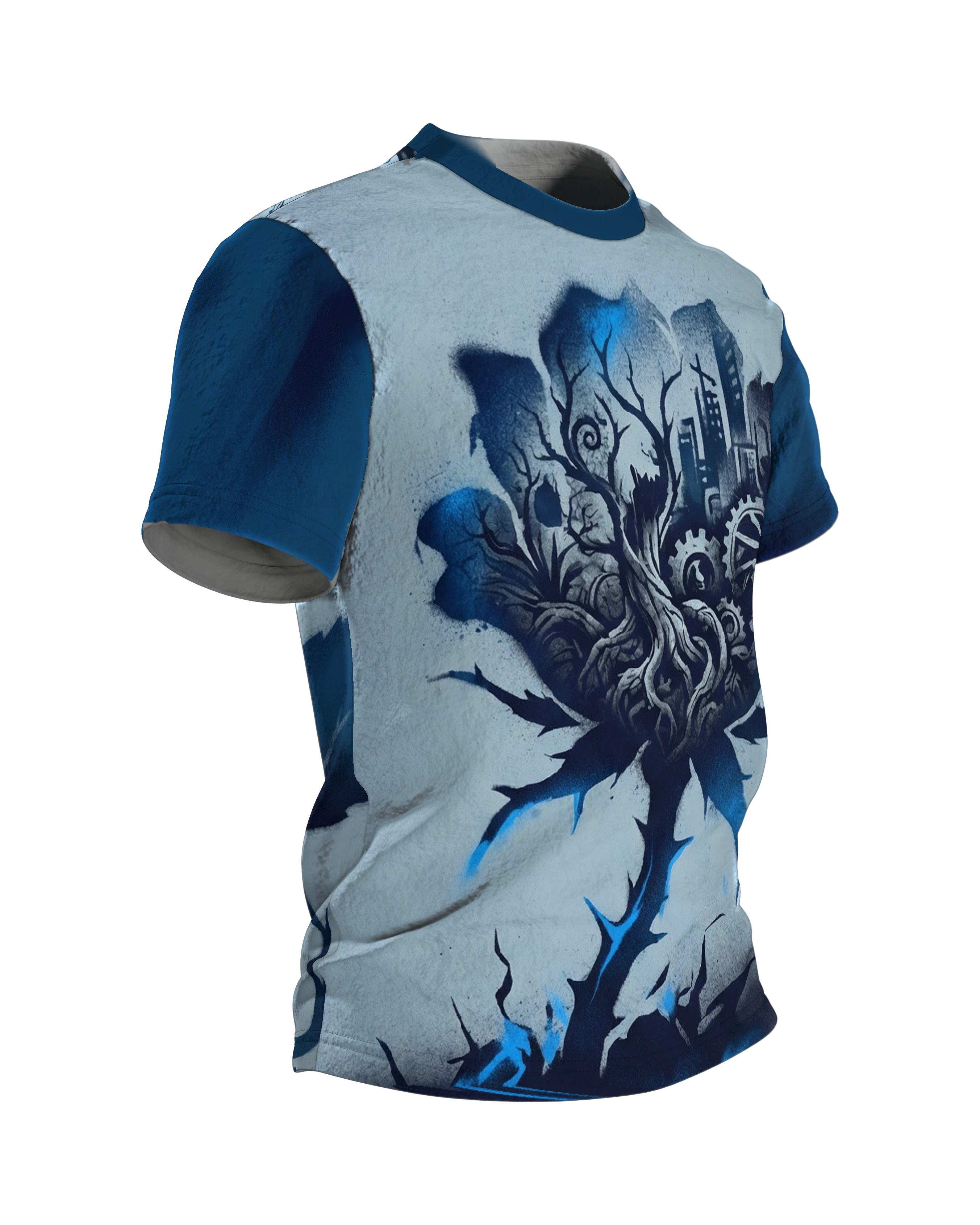 Dystopische Rose T-Shirt, Stadt und Uhrwerksräder in der Blüte, Dark Art, Seitenansicht links