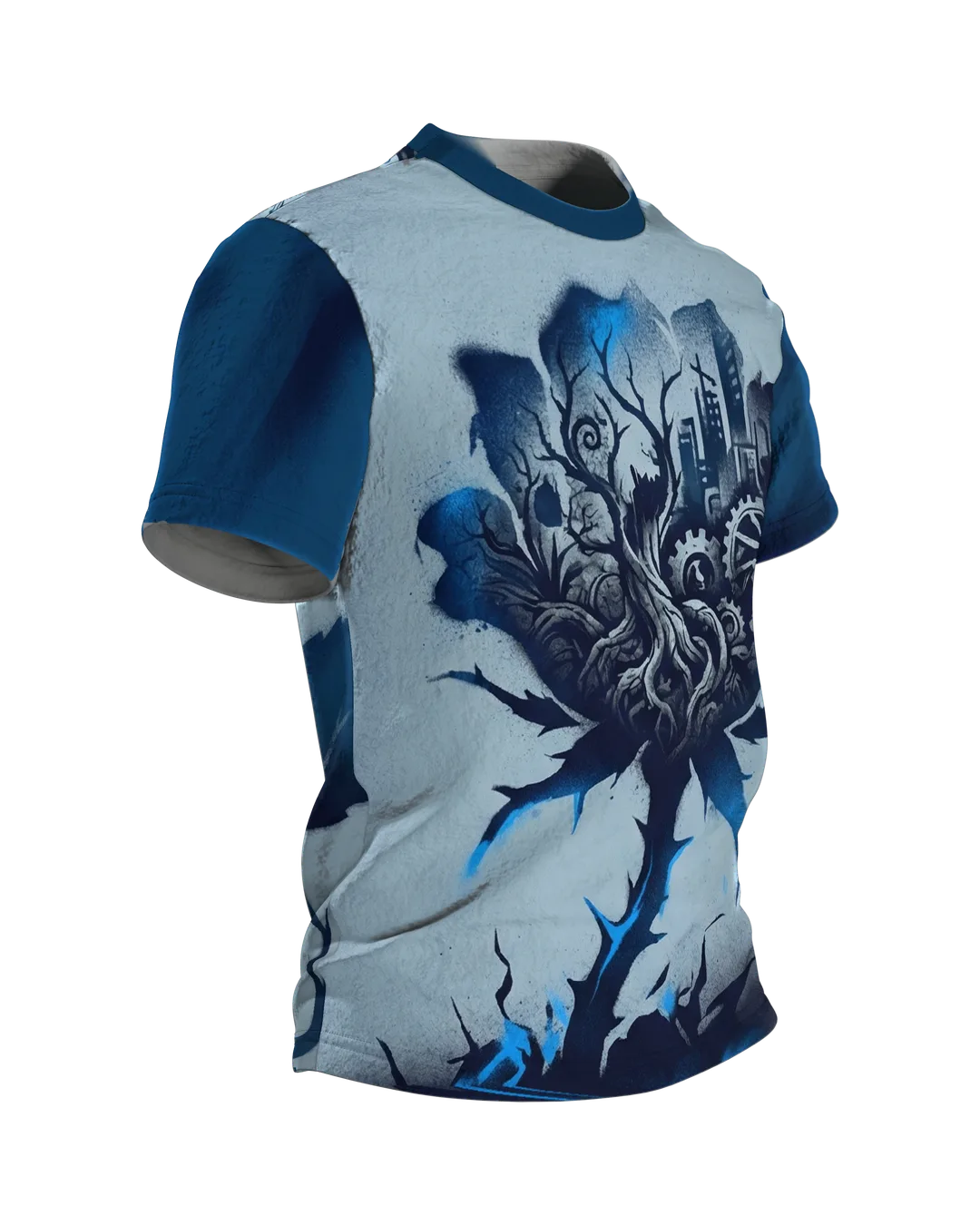 Dystopische Rose T-Shirt, Stadt und Uhrwerksräder in der Blüte, Dark Art, Seitenansicht links