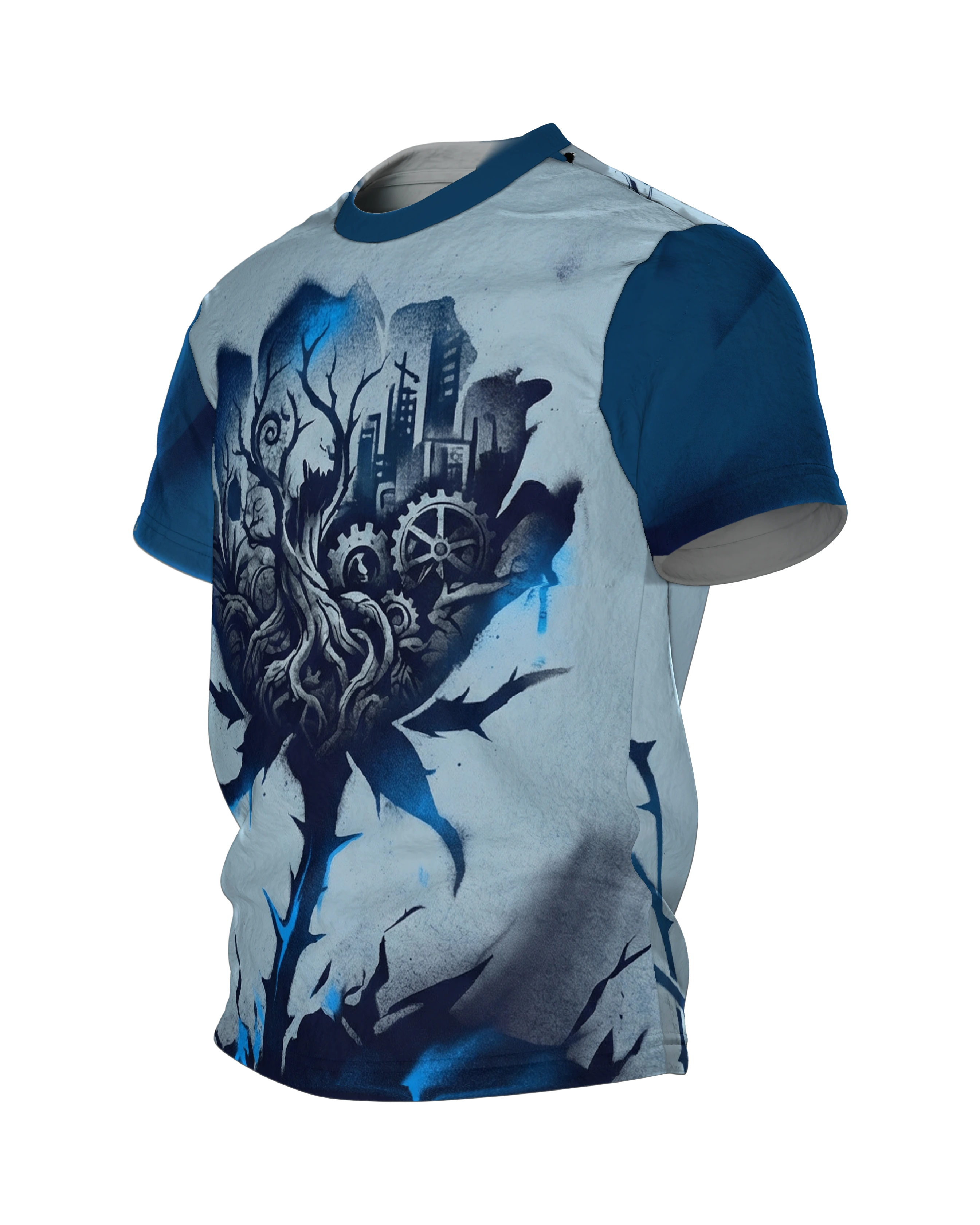 Dystopische Rose T-Shirt, Stadt und Uhrwerksräder in der Blüte, Dark Art, Seitenansicht rechts