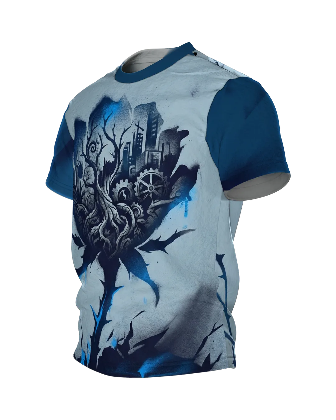 Dystopische Rose T-Shirt, Stadt und Uhrwerksräder in der Blüte, Dark Art, Seitenansicht rechts