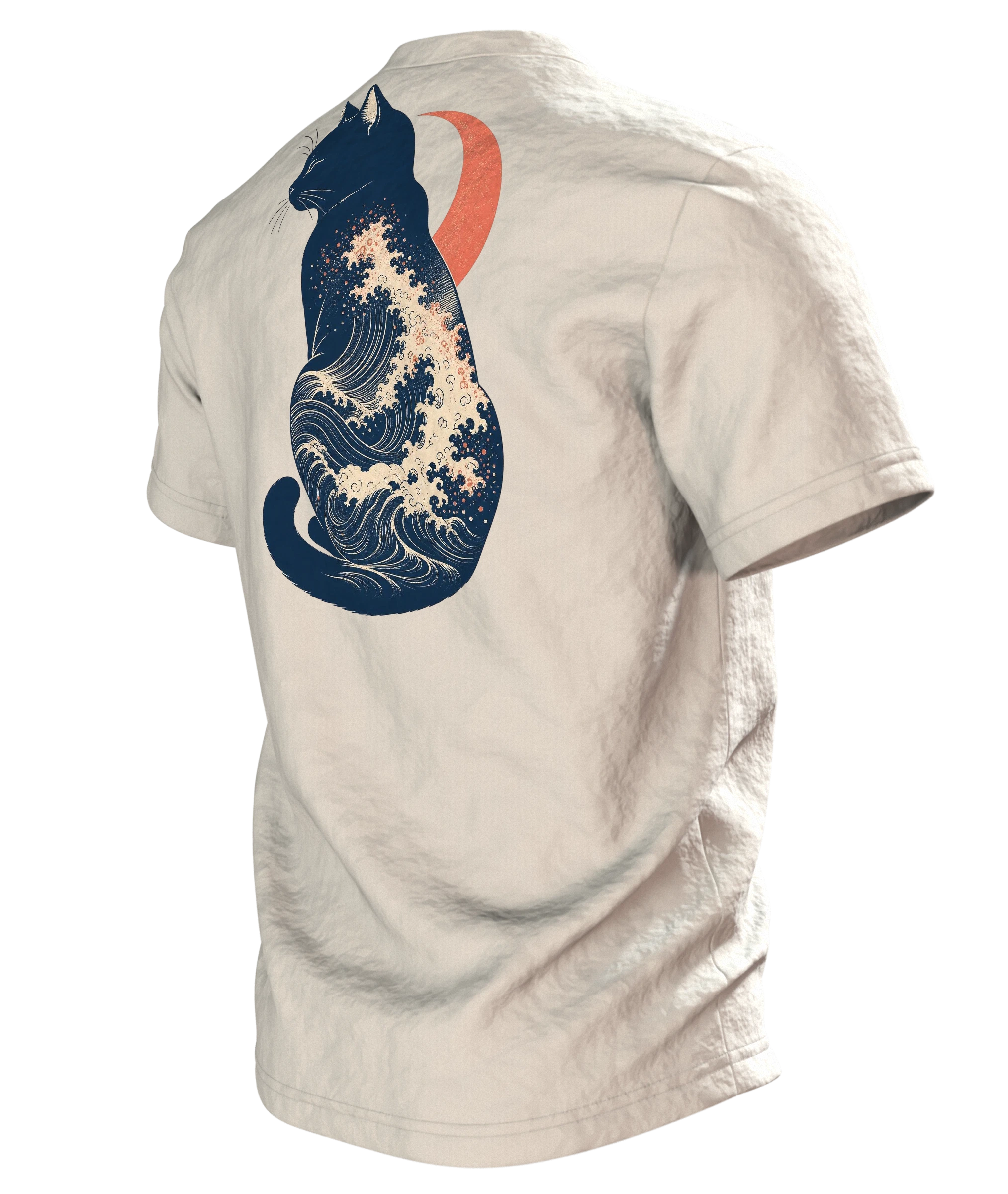 Große Welle Katze T-Shirt, Kanagawa Ukiyo-e Holzschnitt mit Mondsichel, Rückseite schräg links