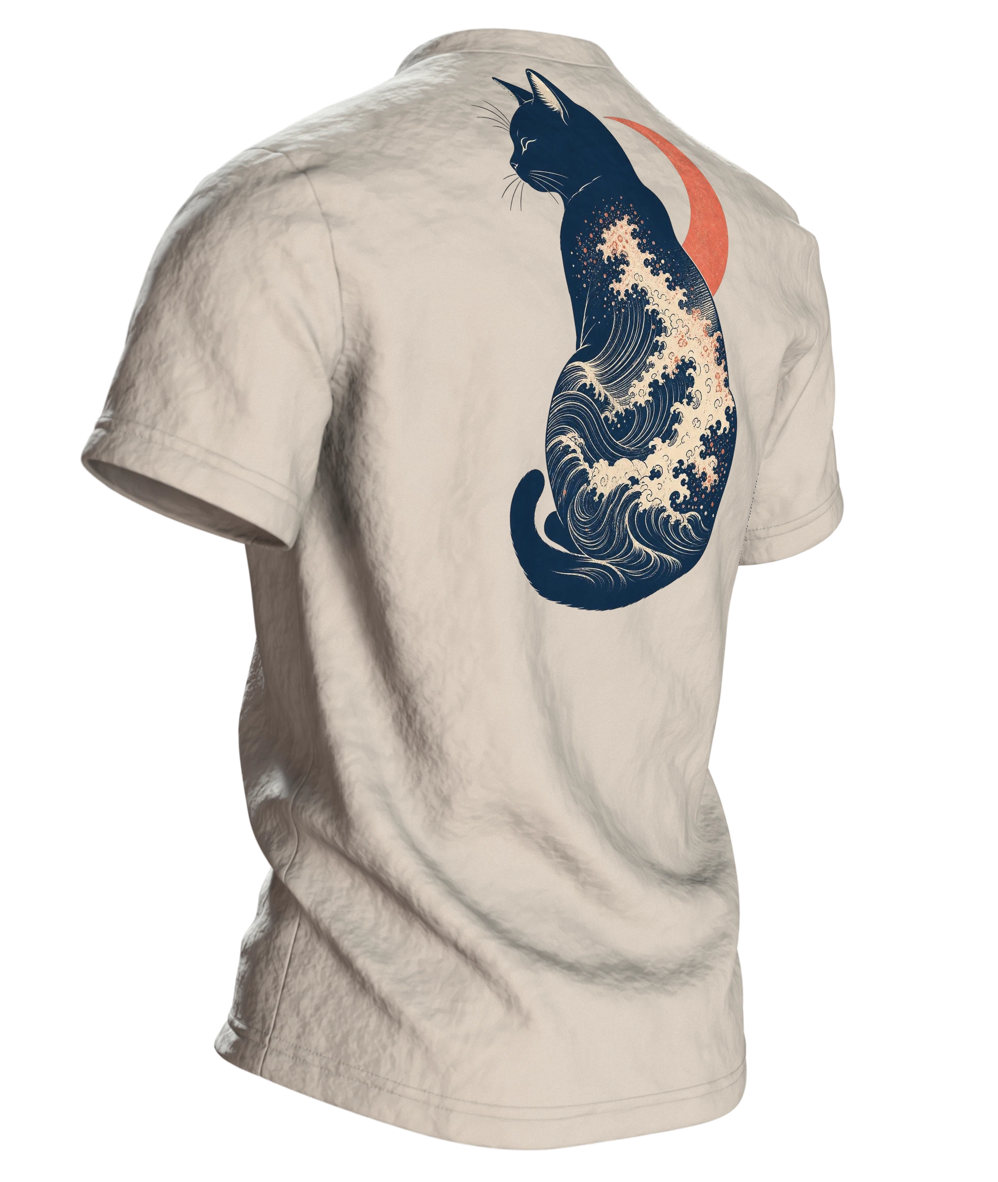 Große Welle Katze T-Shirt, Kanagawa Ukiyo-e Holzschnitt mit Mondsichel, Rückseite schräg rechts