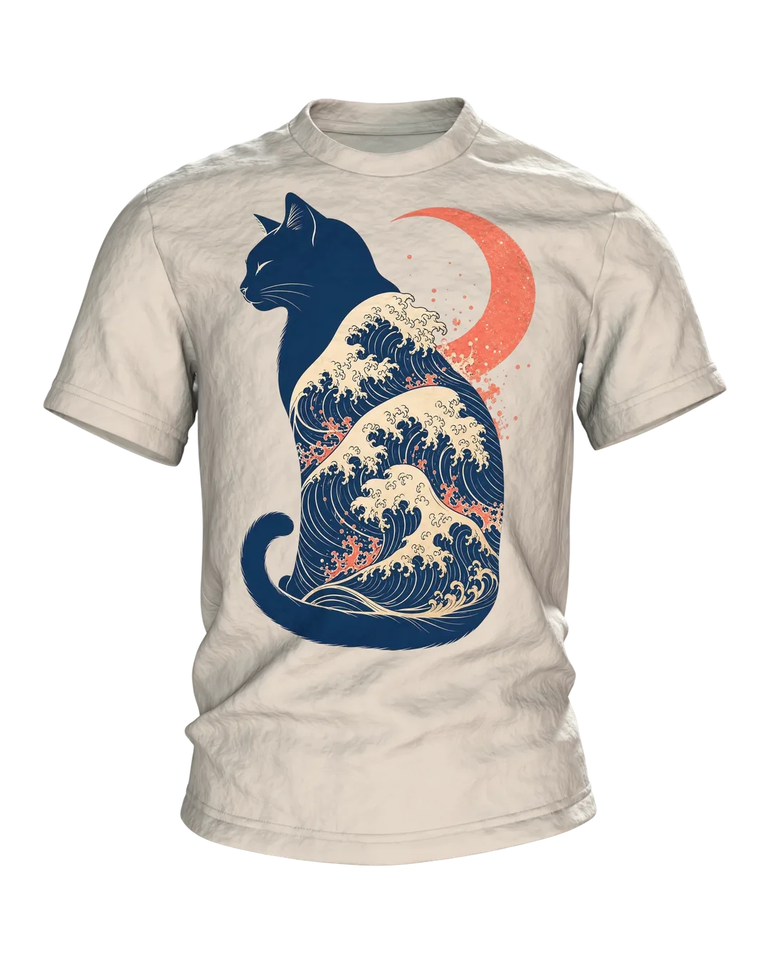Große Welle Katze T-Shirt, Kanagawa Ukiyo-e Holzschnitt mit Mondsichel