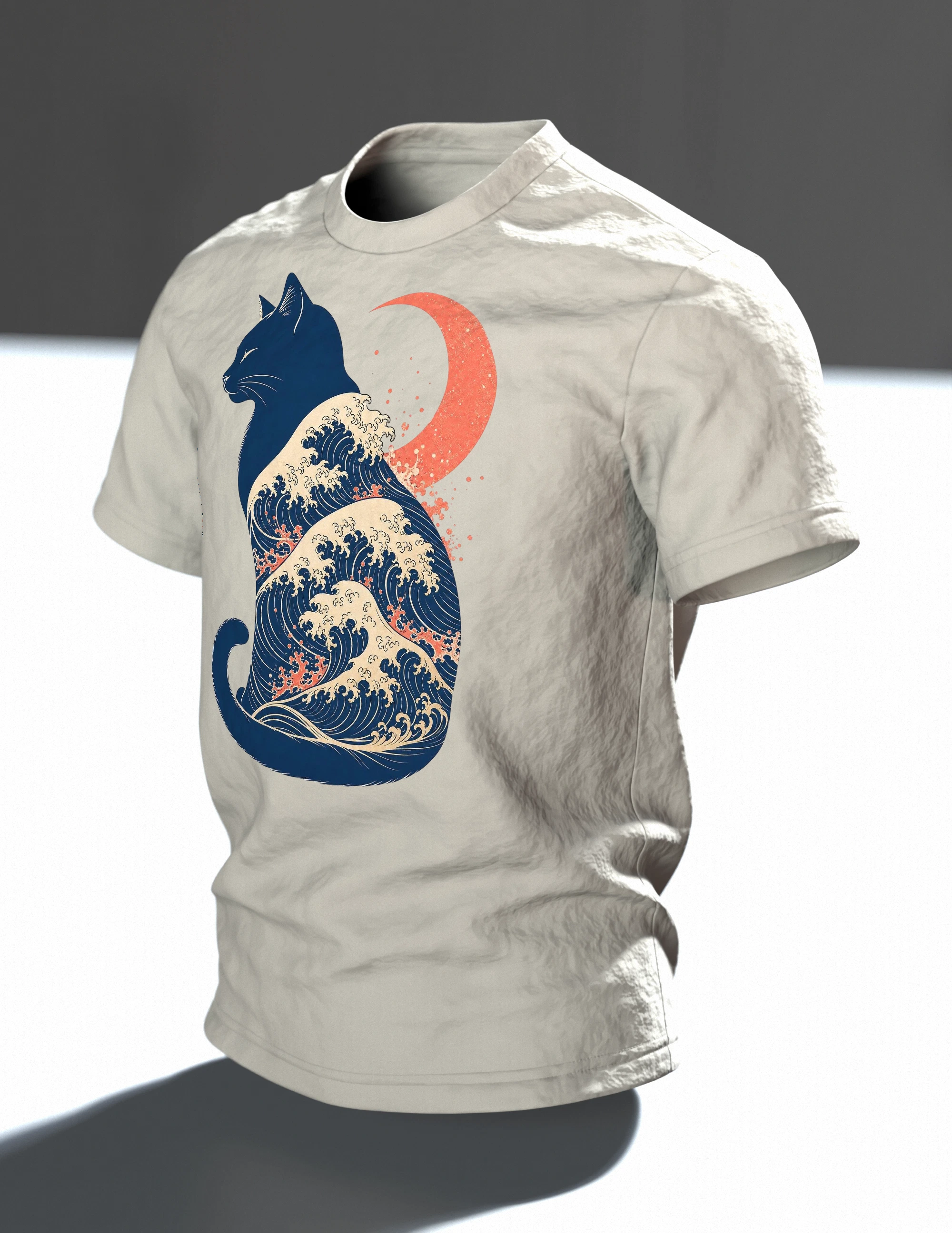 Große Welle Katze T-Shirt, Kanagawa Ukiyo-e Holzschnitt mit Mondsichel, Im Raum, schräg