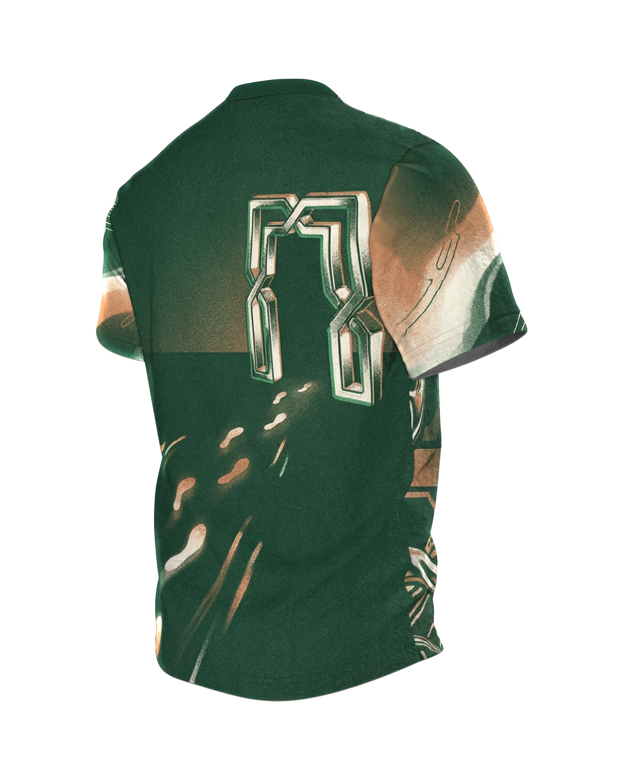 Smug Cyber Face T-Shirt, grinsende Schaltkreis-Miene in Grün und Kupfer, Chrom-Tür am Rücken, Rückseite schräg links