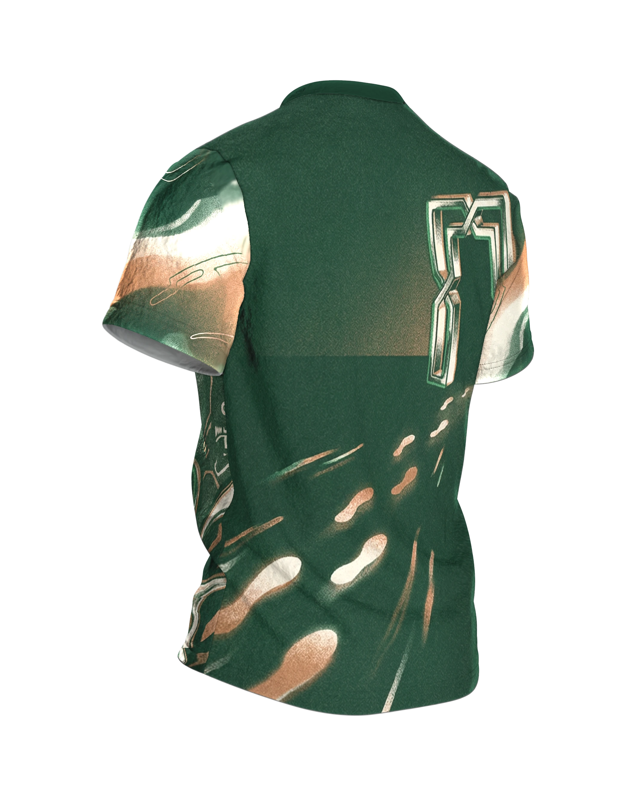 Smug Cyber Face T-Shirt, grinsende Schaltkreis-Miene in Grün und Kupfer, Chrom-Tür am Rücken, Rückseite schräg rechts