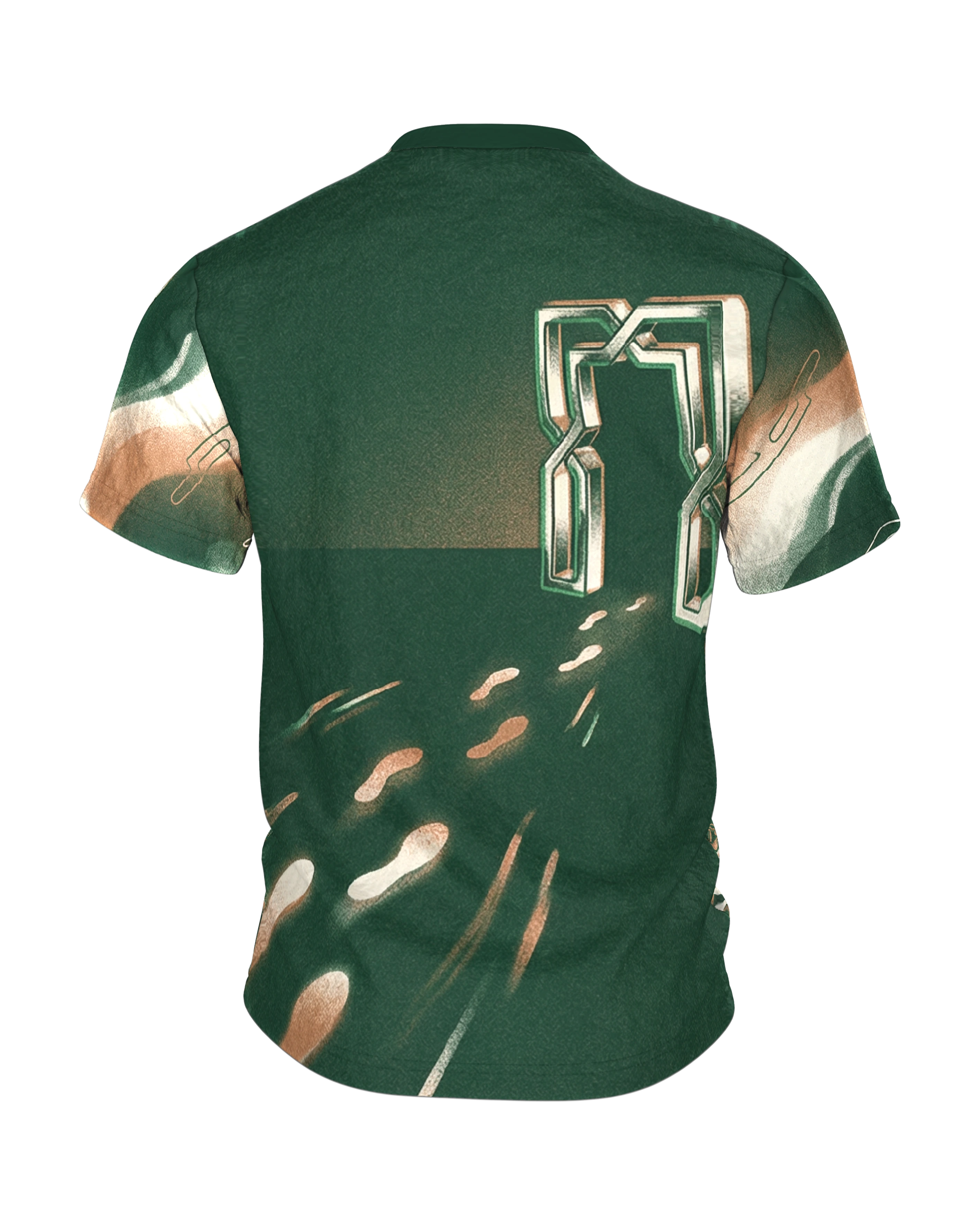 Smug Cyber Face T-Shirt, grinsende Schaltkreis-Miene in Grün und Kupfer, Chrom-Tür am Rücken, Rückseite