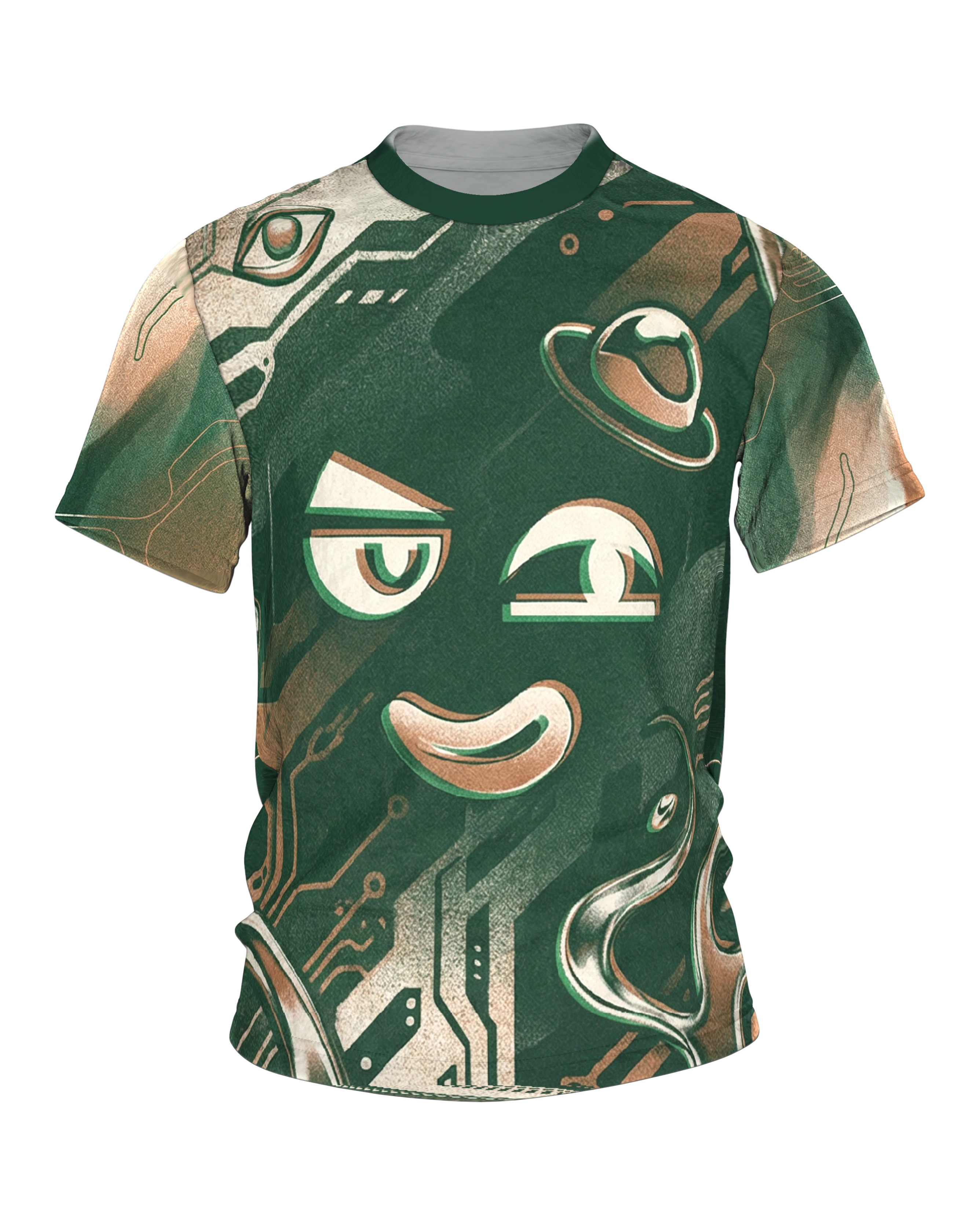 Smug Cyber Face T-Shirt, grinsende Schaltkreis-Miene in Grün und Kupfer, Chrom-Tür am Rücken