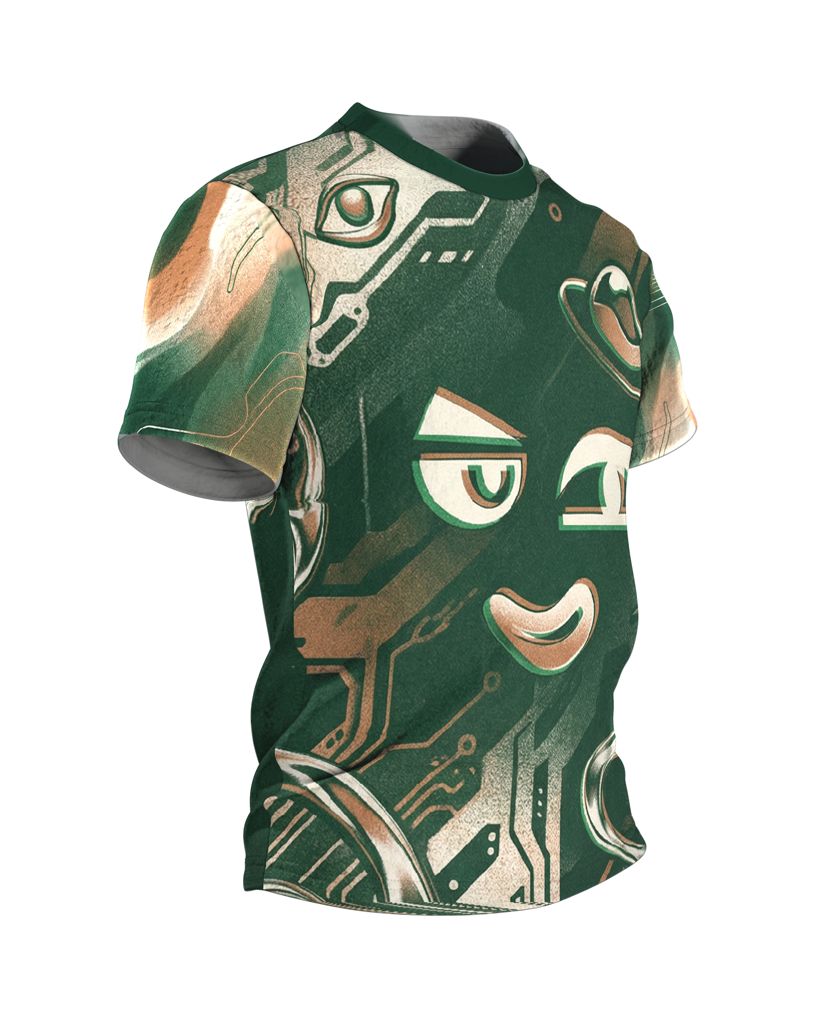 Smug Cyber Face T-Shirt, grinsende Schaltkreis-Miene in Grün und Kupfer, Chrom-Tür am Rücken, Seitenansicht links