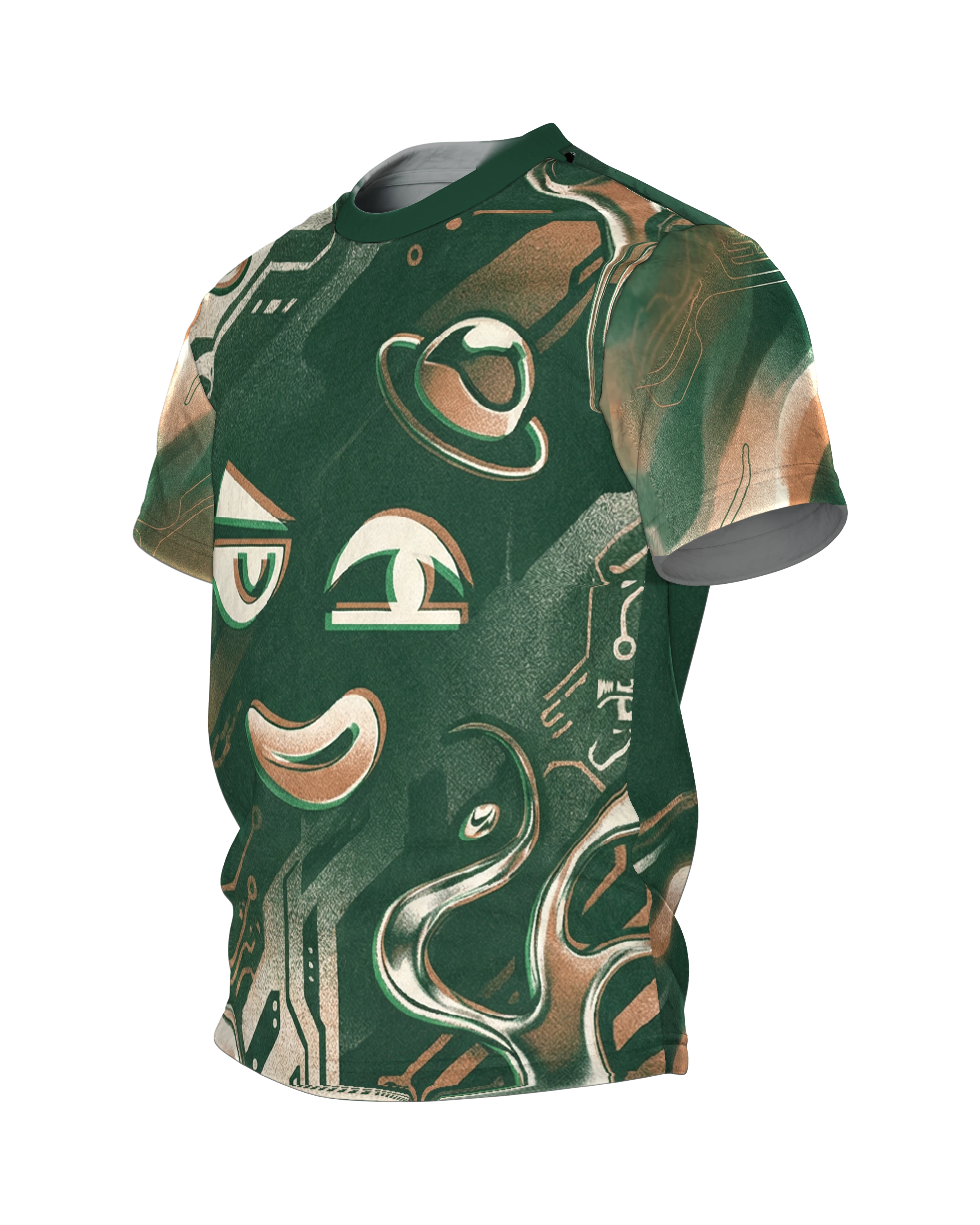 Smug Cyber Face T-Shirt, grinsende Schaltkreis-Miene in Grün und Kupfer, Chrom-Tür am Rücken, Seitenansicht rechts