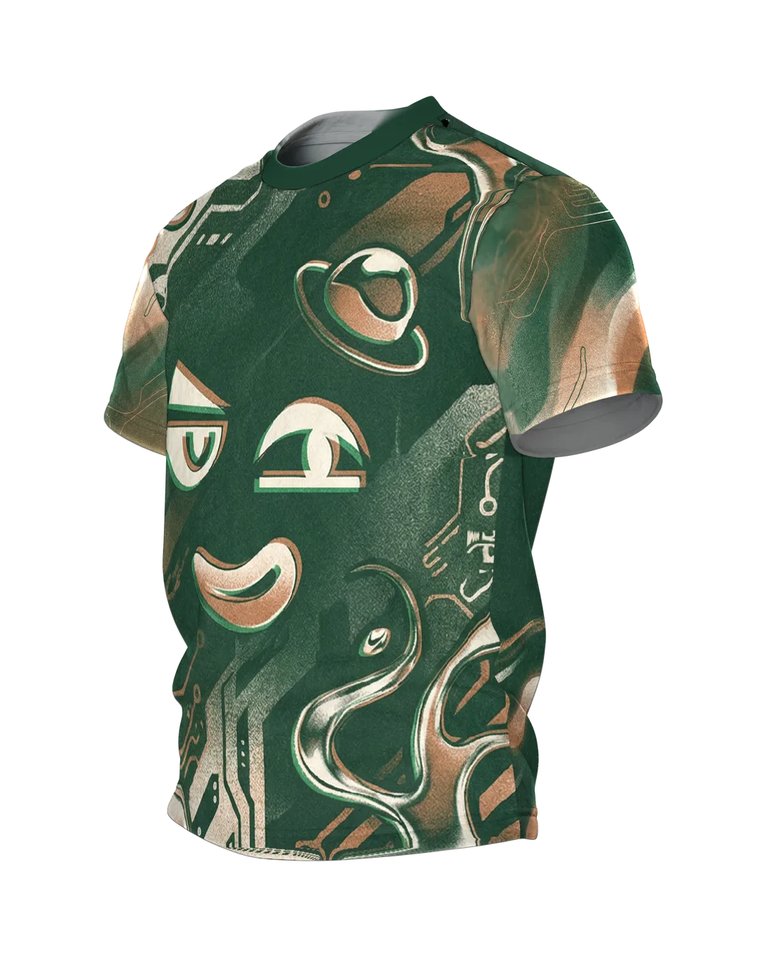 Smug Cyber Face T-Shirt, grinsende Schaltkreis-Miene in Grün und Kupfer, Chrom-Tür am Rücken, Seitenansicht rechts