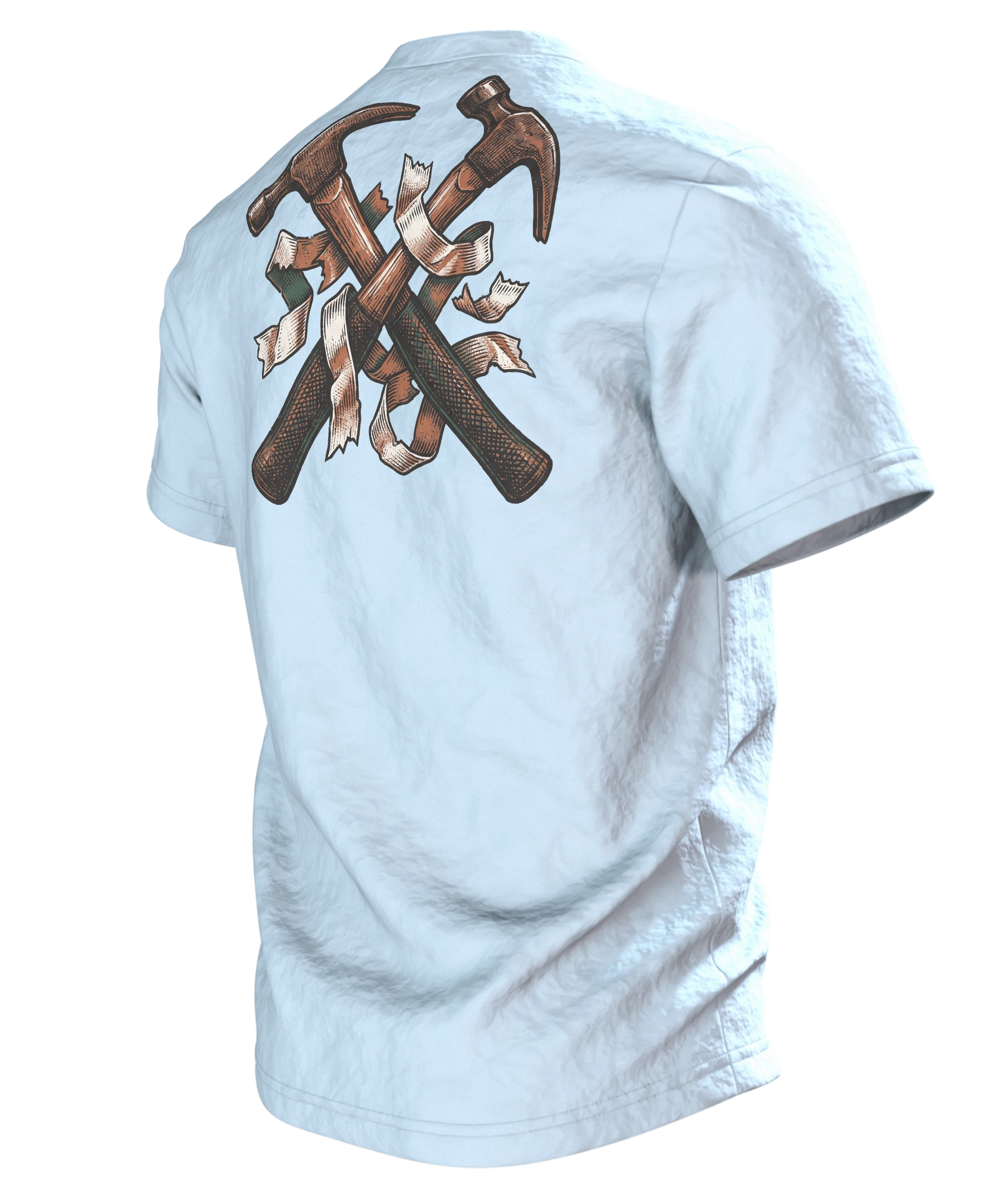 Handwerker T-Shirt "Messen. Fluchen. Nochmal messen.", Maßband-Emblem im Holzschnitt-Stil, Rückseite schräg links