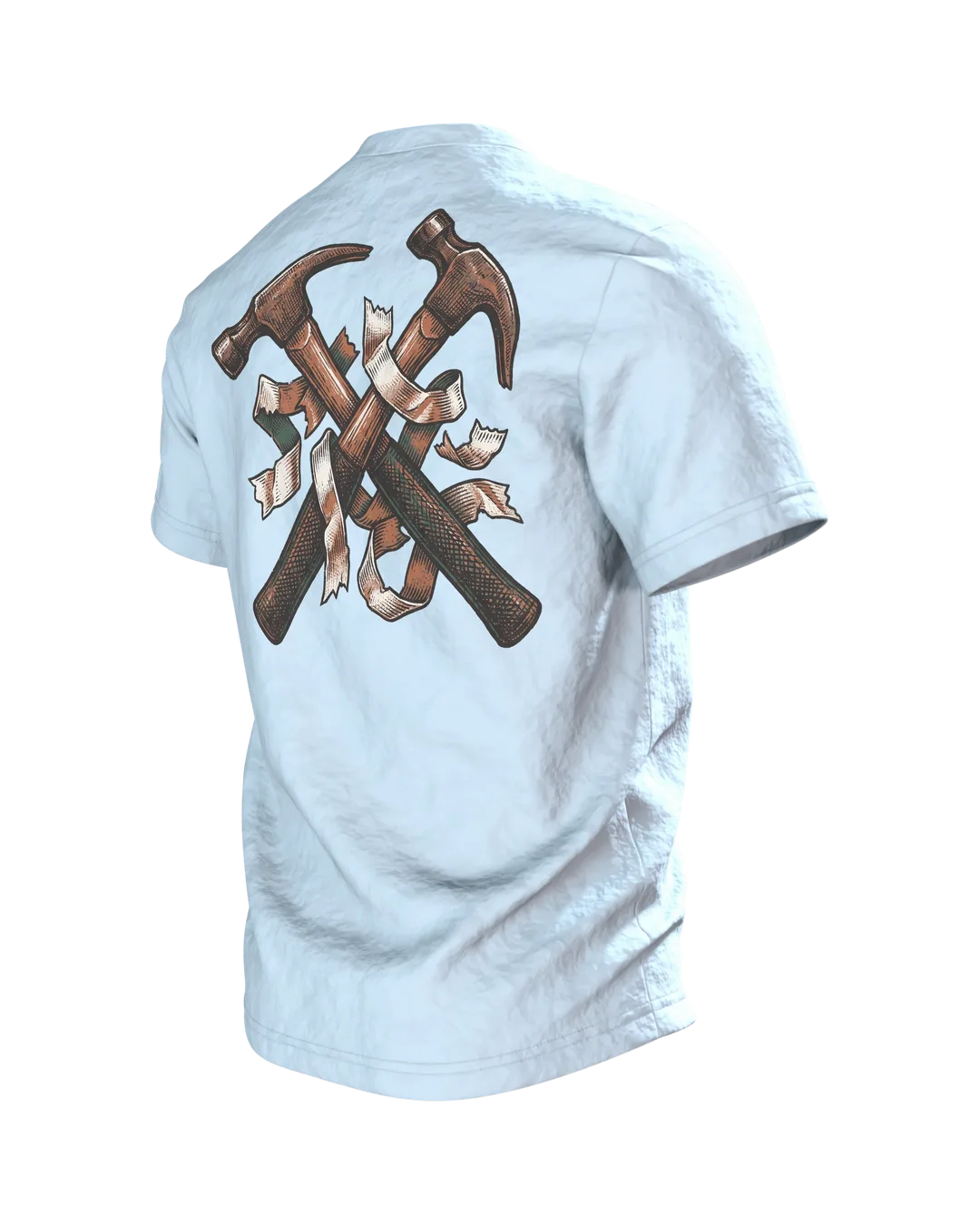 Handwerker T-Shirt "Messen. Fluchen. Nochmal messen.", Maßband-Emblem im Holzschnitt-Stil, Rückseite schräg links