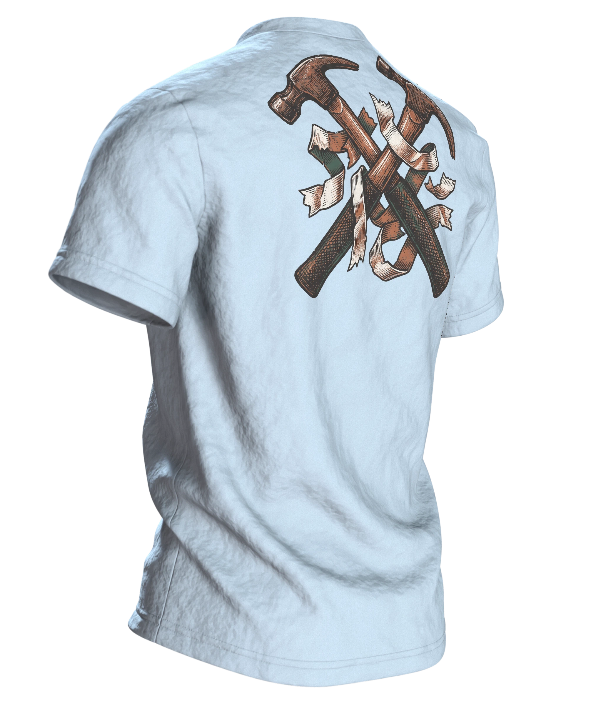 Handwerker T-Shirt "Messen. Fluchen. Nochmal messen.", Maßband-Emblem im Holzschnitt-Stil, Rückseite schräg rechts