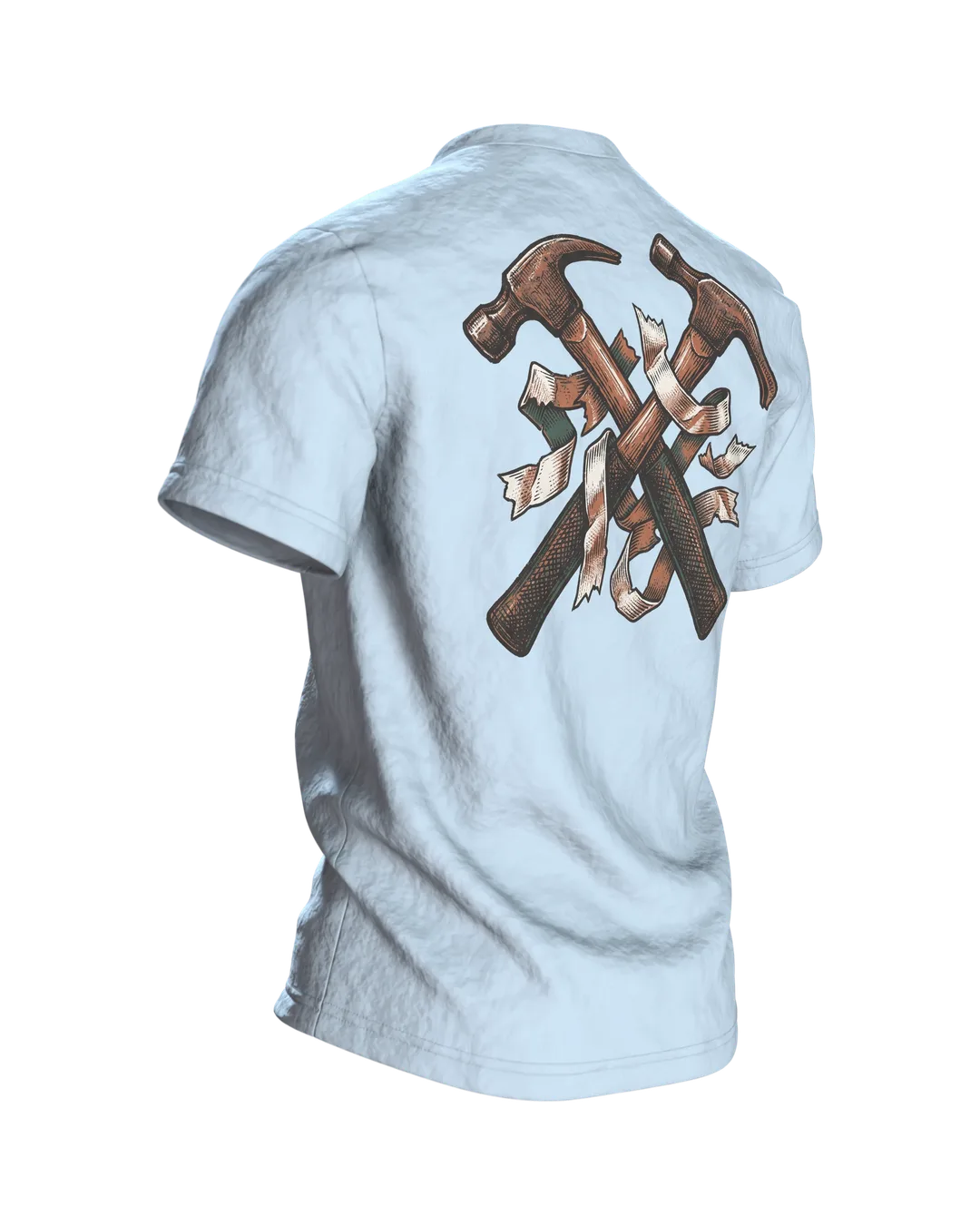 Handwerker T-Shirt "Messen. Fluchen. Nochmal messen.", Maßband-Emblem im Holzschnitt-Stil, Rückseite schräg rechts