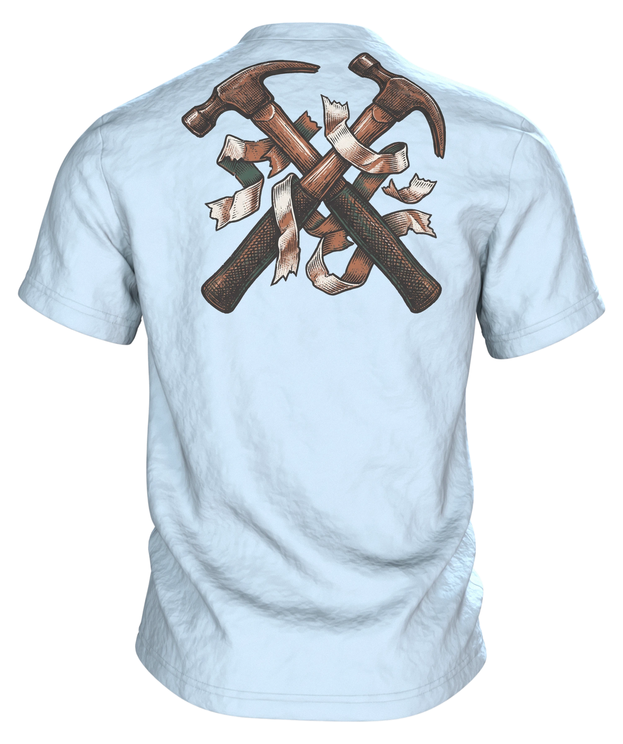 Handwerker T-Shirt "Messen. Fluchen. Nochmal messen.", Maßband-Emblem im Holzschnitt-Stil, Rückseite