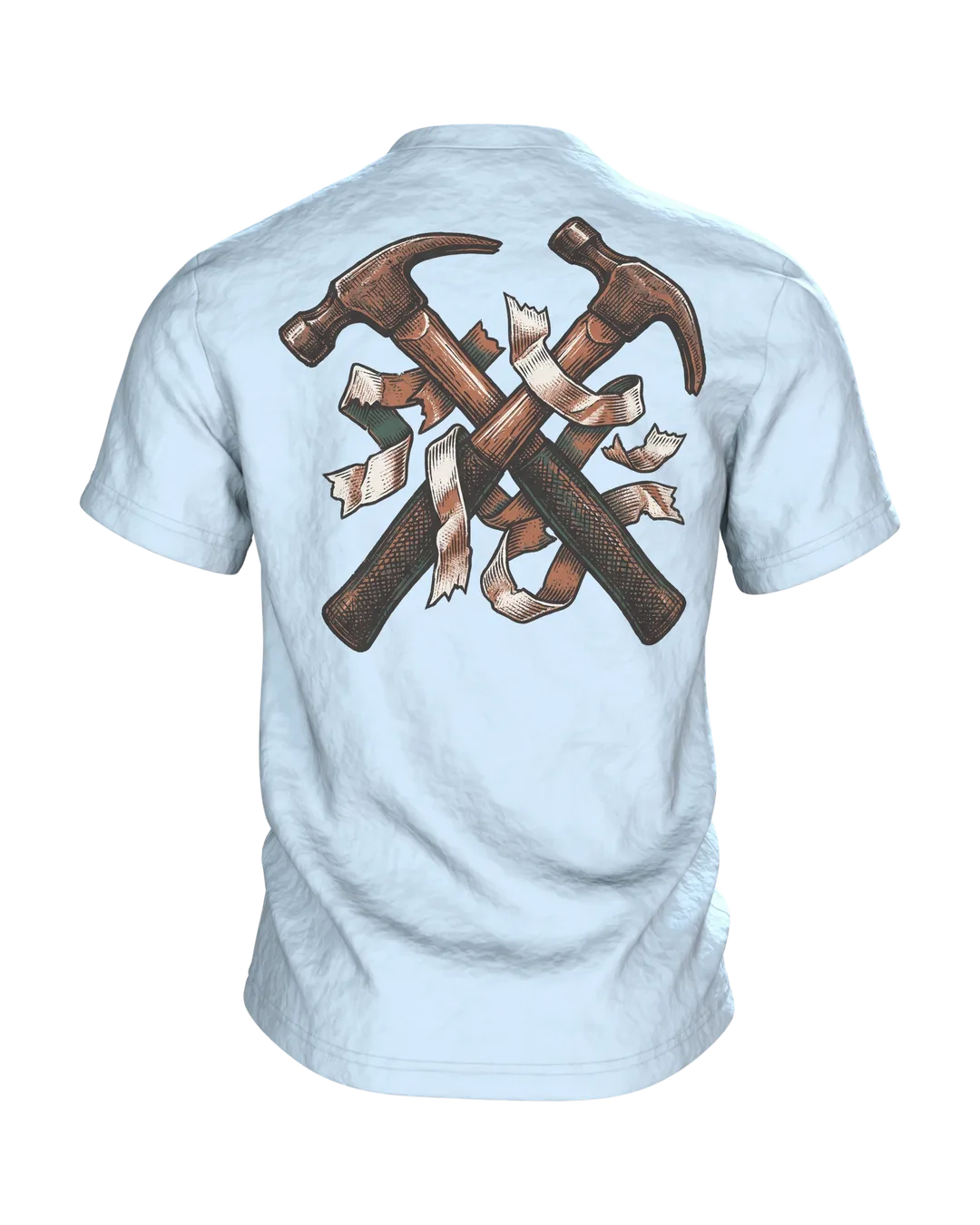 Handwerker T-Shirt "Messen. Fluchen. Nochmal messen.", Maßband-Emblem im Holzschnitt-Stil, Rückseite