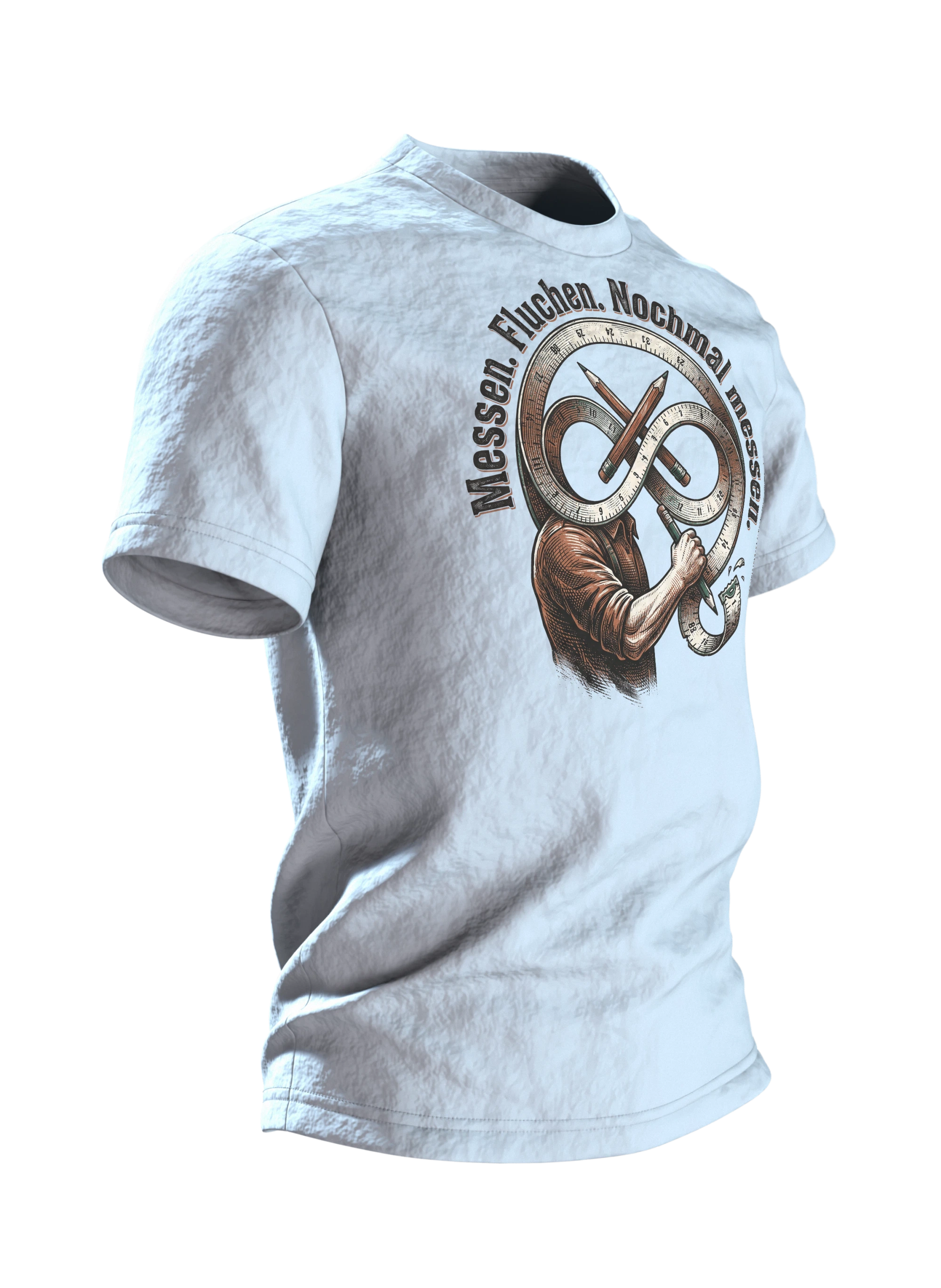 Handwerker T-Shirt "Messen. Fluchen. Nochmal messen.", Maßband-Emblem im Holzschnitt-Stil, Seitenansicht links
