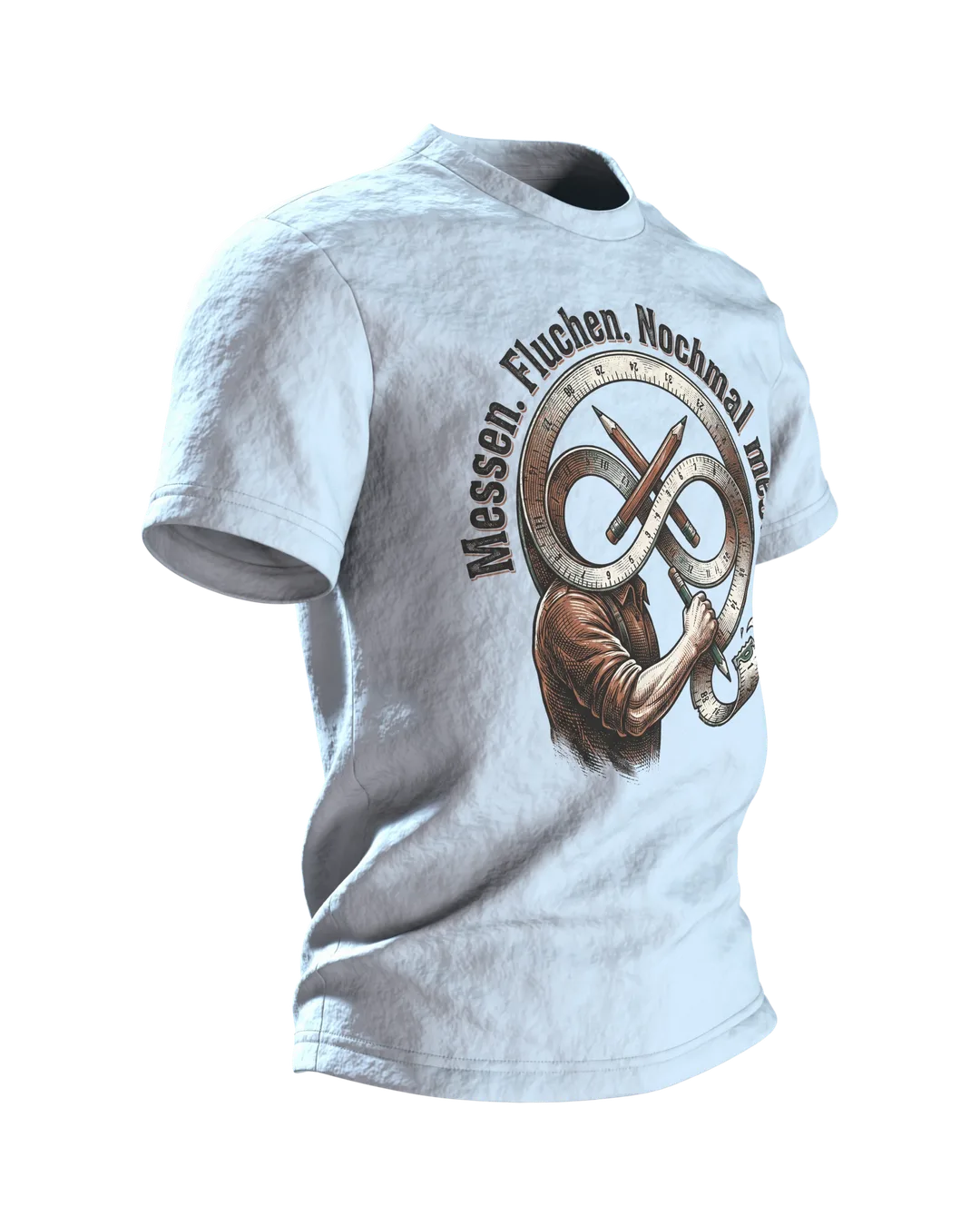 Handwerker T-Shirt "Messen. Fluchen. Nochmal messen.", Maßband-Emblem im Holzschnitt-Stil, Seitenansicht links