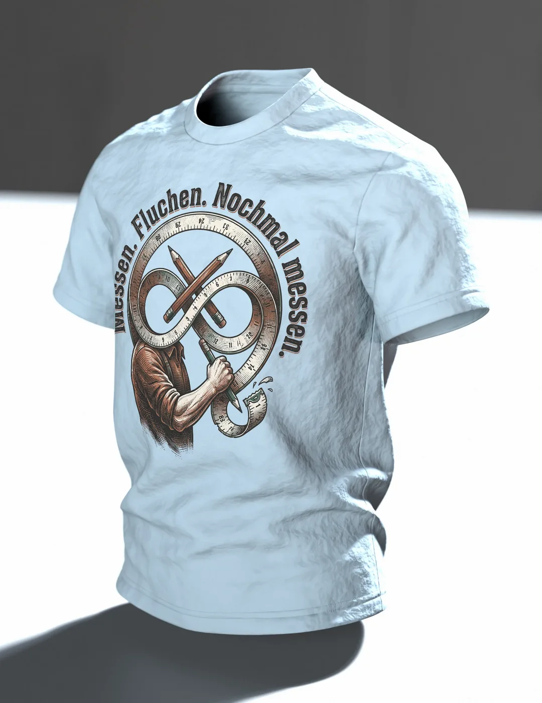 Handwerker T-Shirt "Messen. Fluchen. Nochmal messen.", Maßband-Emblem im Holzschnitt-Stil, Im Raum, schräg