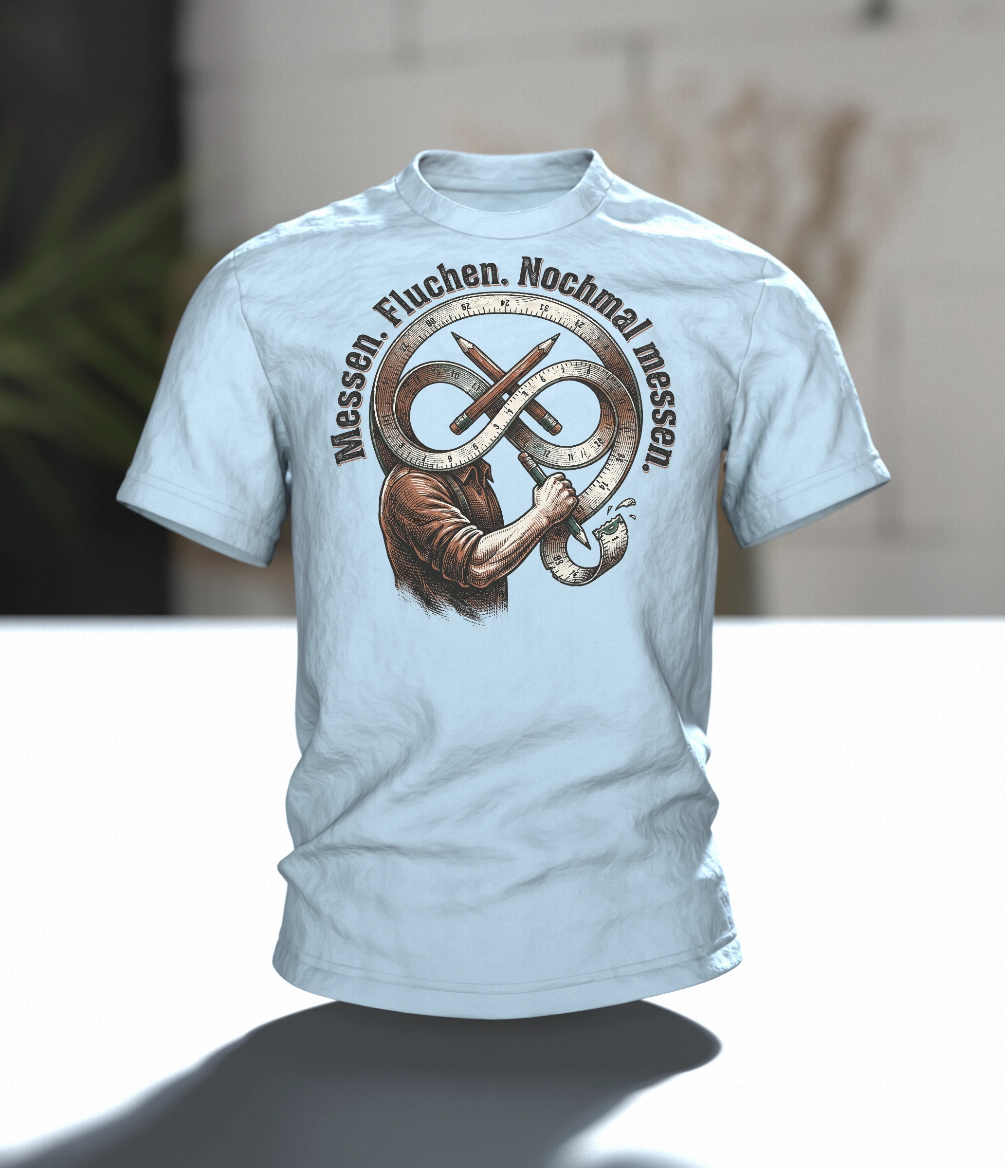Handwerker T-Shirt "Messen. Fluchen. Nochmal messen.", Maßband-Emblem im Holzschnitt-Stil, Im Raum