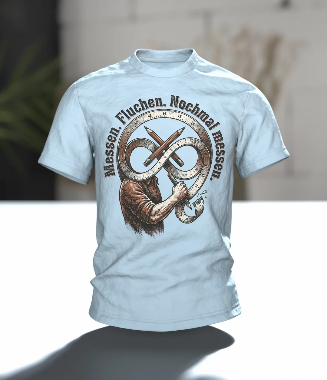 Handwerker T-Shirt "Messen. Fluchen. Nochmal messen.", Maßband-Emblem im Holzschnitt-Stil, Im Raum