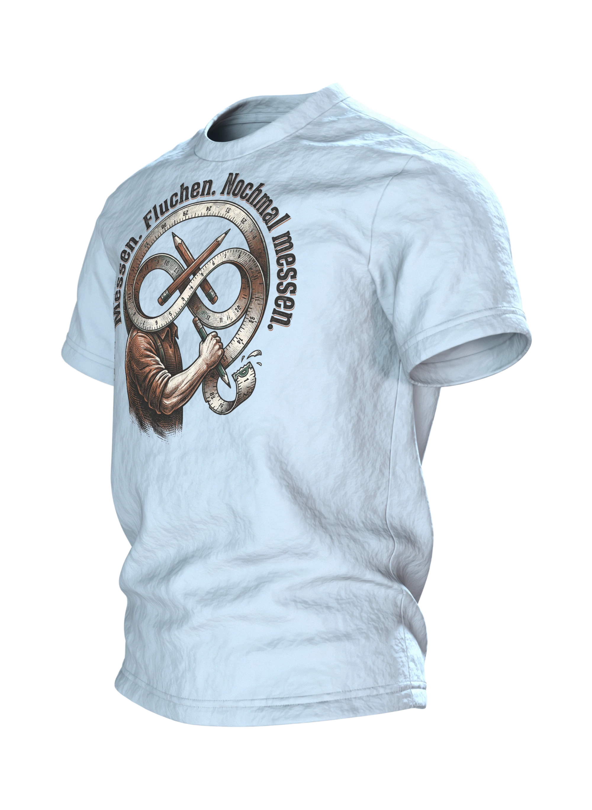 Handwerker T-Shirt "Messen. Fluchen. Nochmal messen.", Maßband-Emblem im Holzschnitt-Stil, Seitenansicht rechts