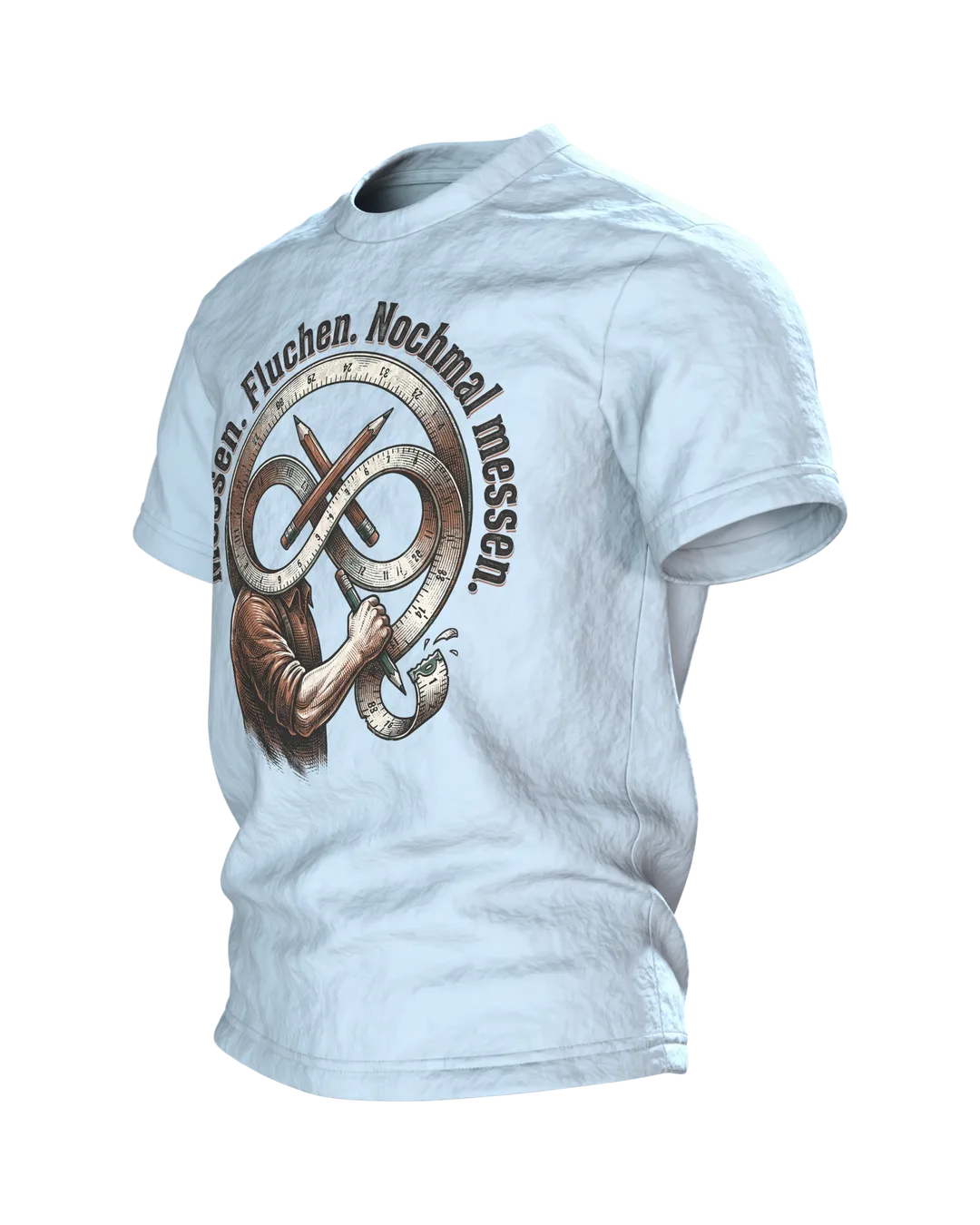 Handwerker T-Shirt "Messen. Fluchen. Nochmal messen.", Maßband-Emblem im Holzschnitt-Stil, Seitenansicht rechts