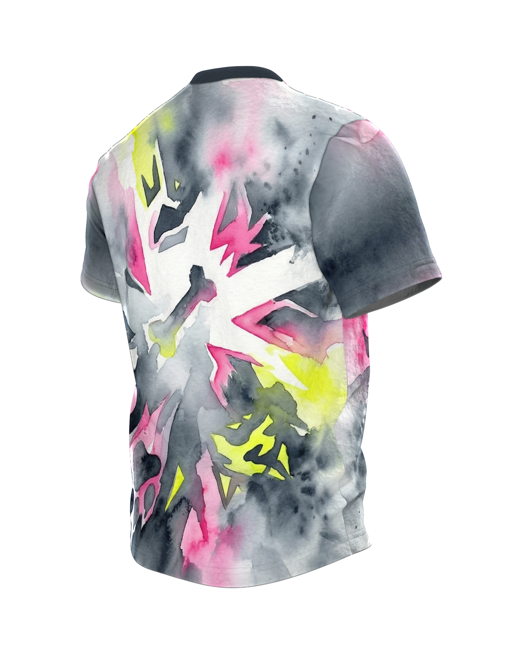 Neon Pfoten Hund T-Shirt, abstraktes Aquarell mit Knochen und Pfoten in Pink und Gelb, Rückseite schräg links