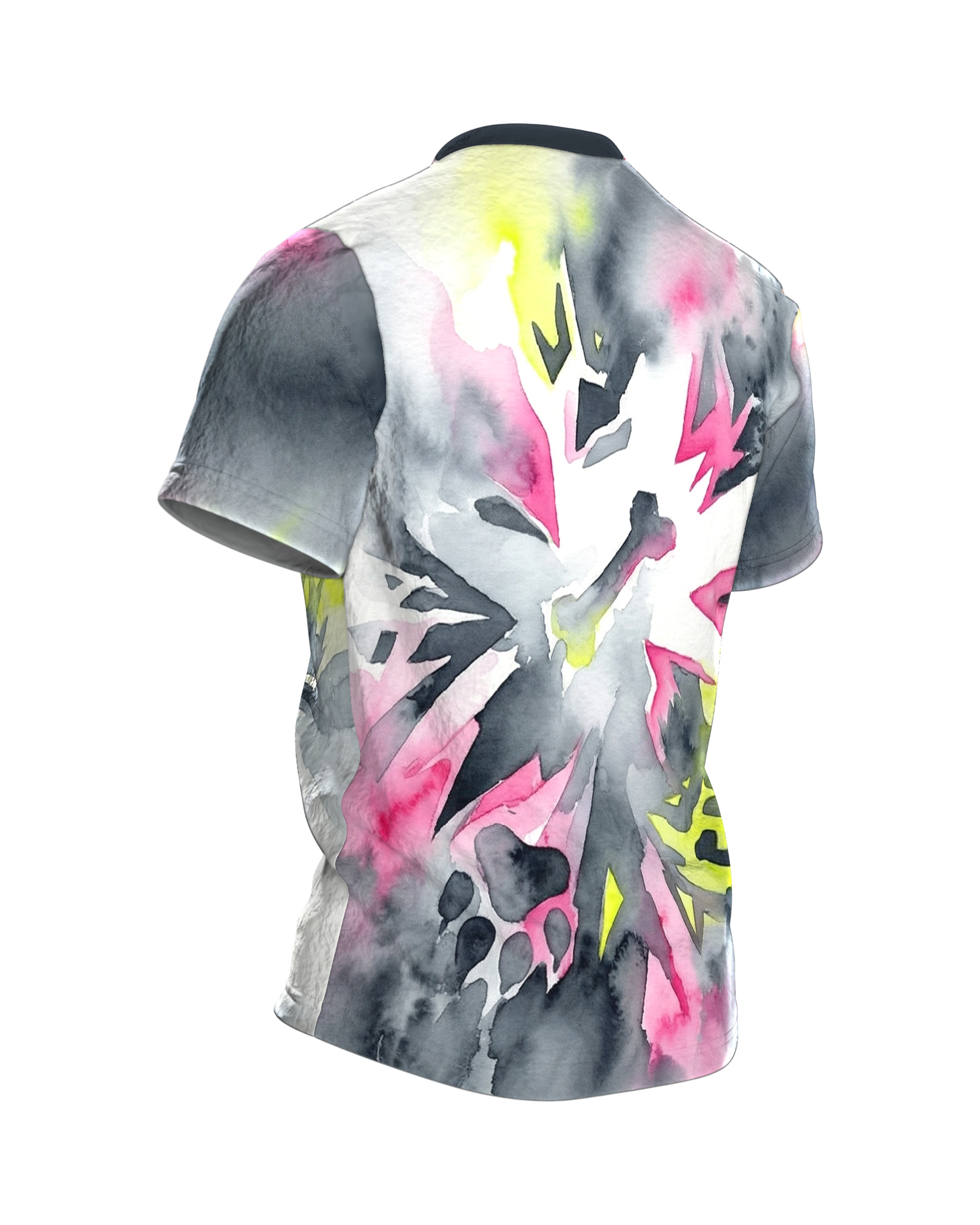 Neon Pfoten Hund T-Shirt, abstraktes Aquarell mit Knochen und Pfoten in Pink und Gelb, Rückseite schräg rechts