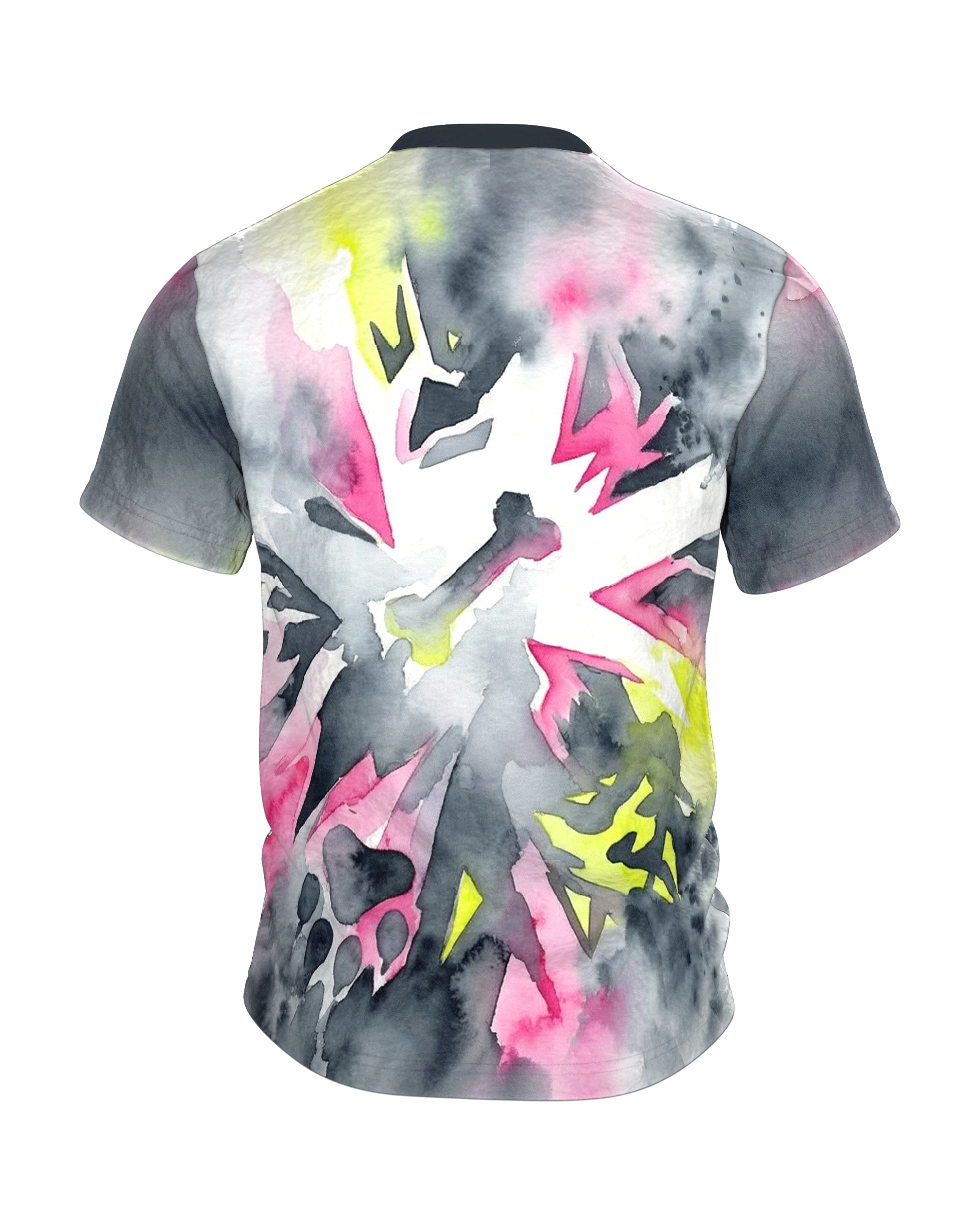 Neon Pfoten Hund T-Shirt, abstraktes Aquarell mit Knochen und Pfoten in Pink und Gelb, Rückseite