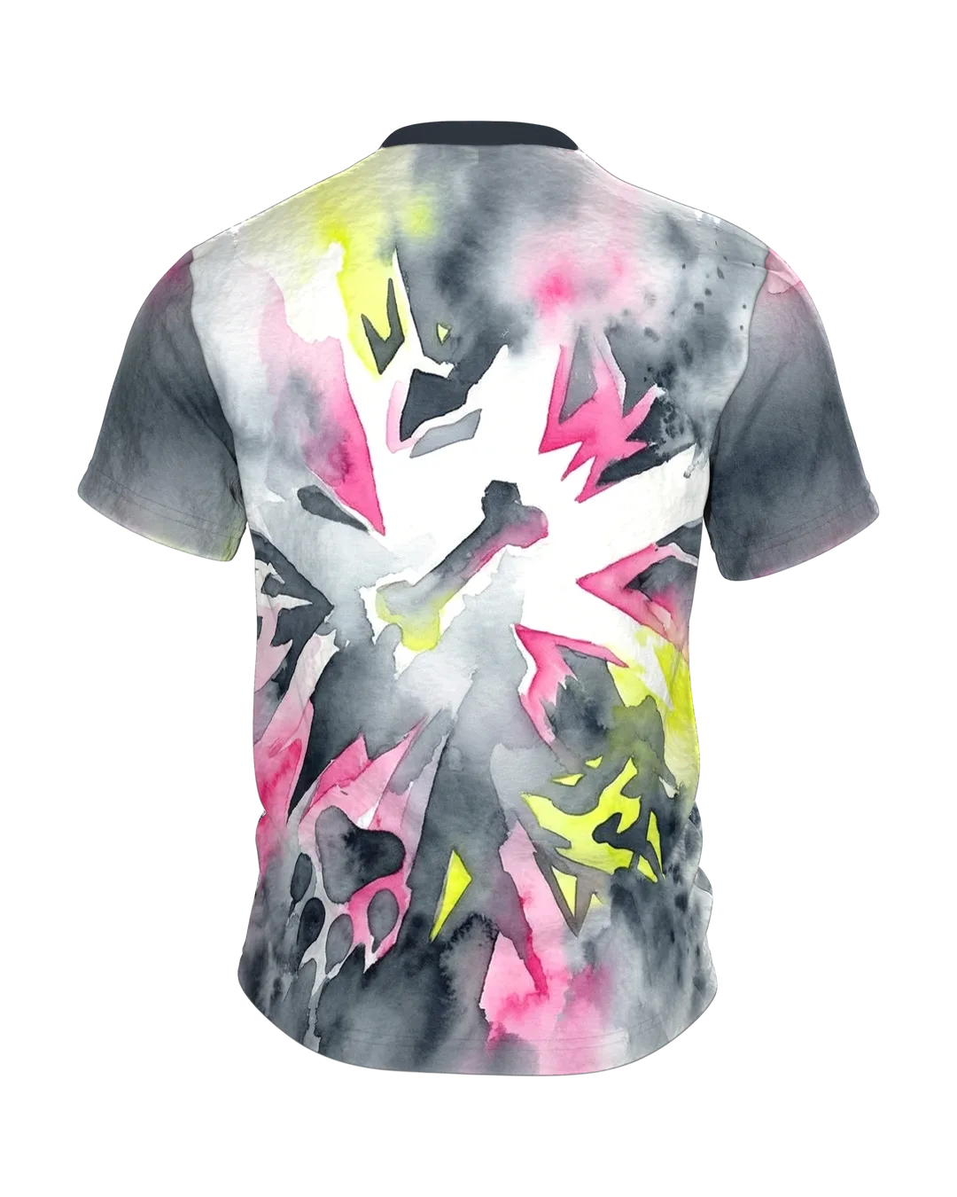 Neon Pfoten Hund T-Shirt, abstraktes Aquarell mit Knochen und Pfoten in Pink und Gelb, Rückseite