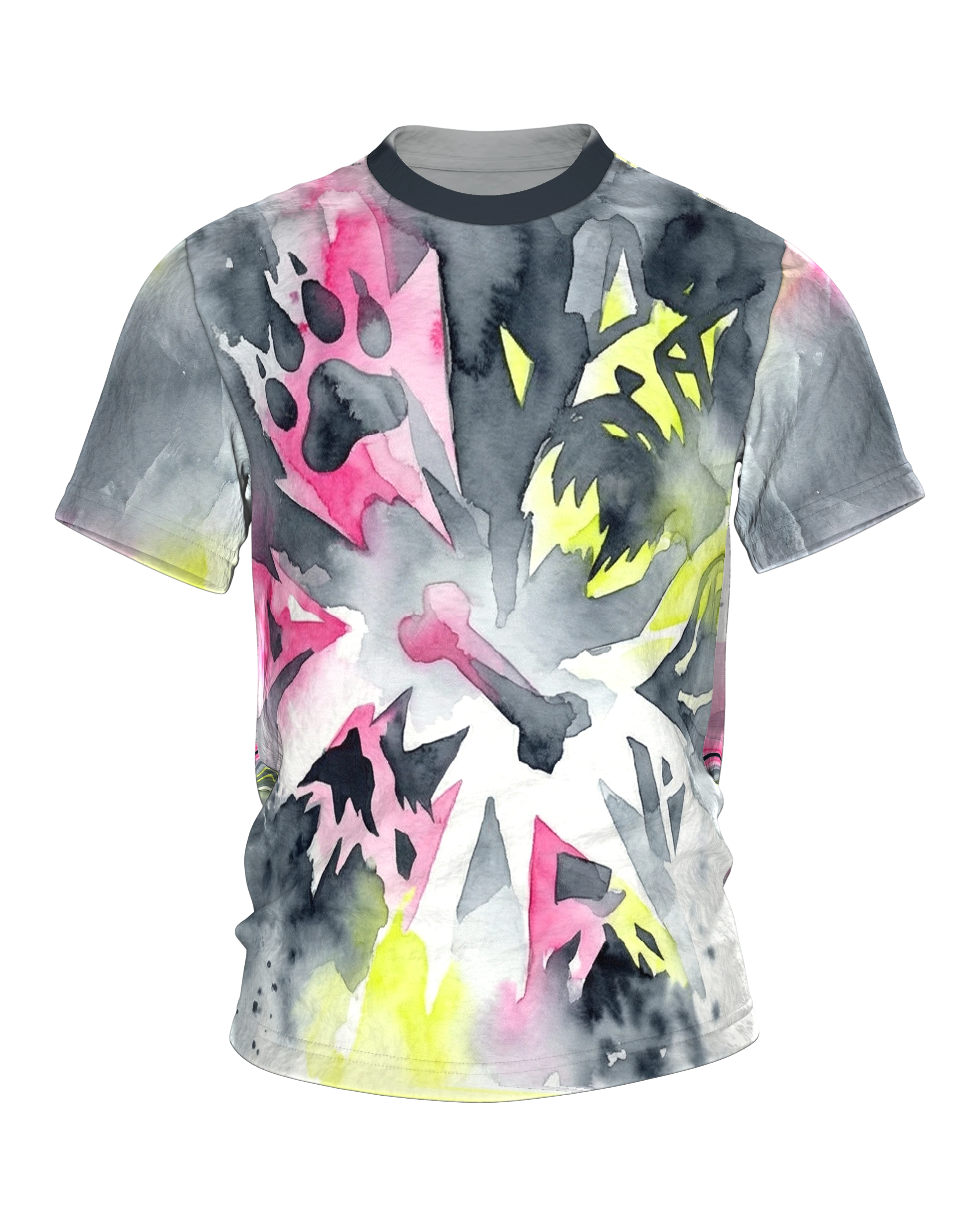 Neon Pfoten Hund T-Shirt, abstraktes Aquarell mit Knochen und Pfoten in Pink und Gelb