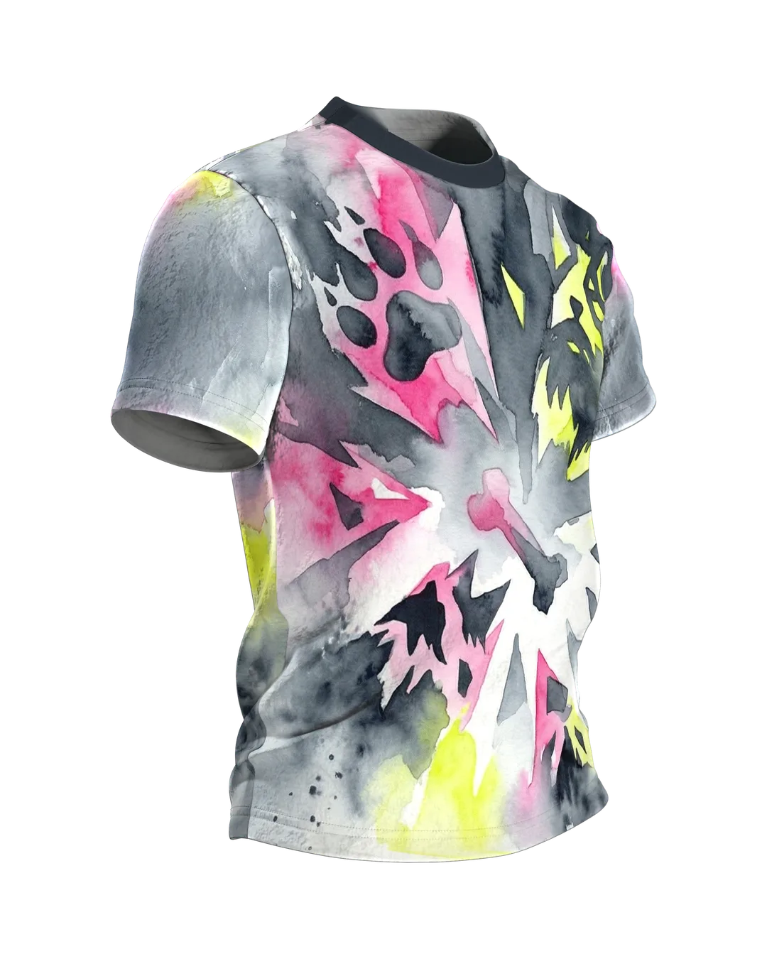 Neon Pfoten Hund T-Shirt, abstraktes Aquarell mit Knochen und Pfoten in Pink und Gelb, Seitenansicht links