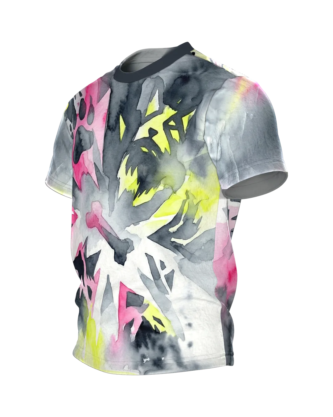 Neon Pfoten Hund T-Shirt, abstraktes Aquarell mit Knochen und Pfoten in Pink und Gelb, Seitenansicht rechts
