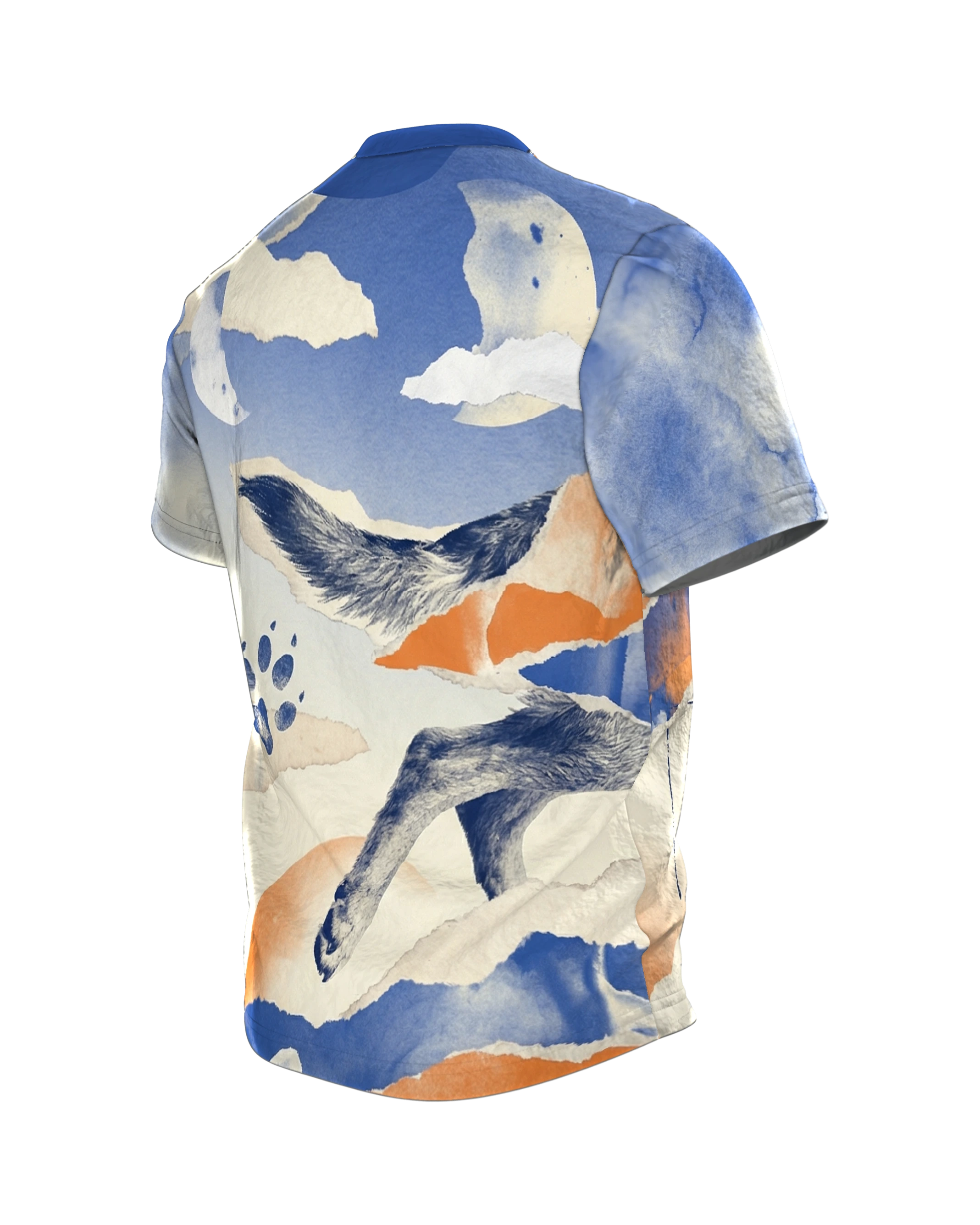 Hund Aquarell Collage T-Shirt, Erinnerungs-Fragmente in Blau Orange als Allover, Rückseite schräg links