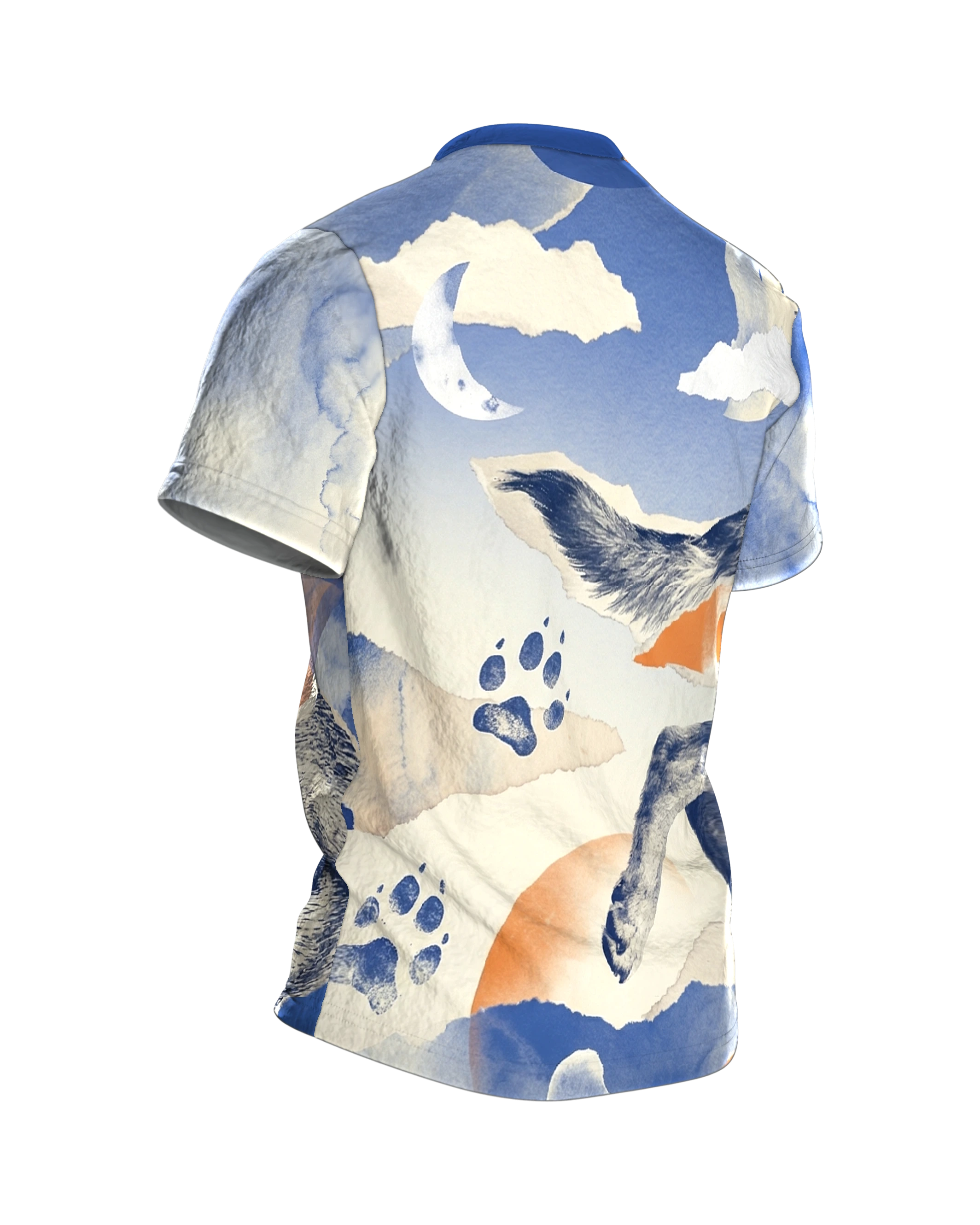 Hund Aquarell Collage T-Shirt, Erinnerungs-Fragmente in Blau Orange als Allover, Rückseite schräg rechts