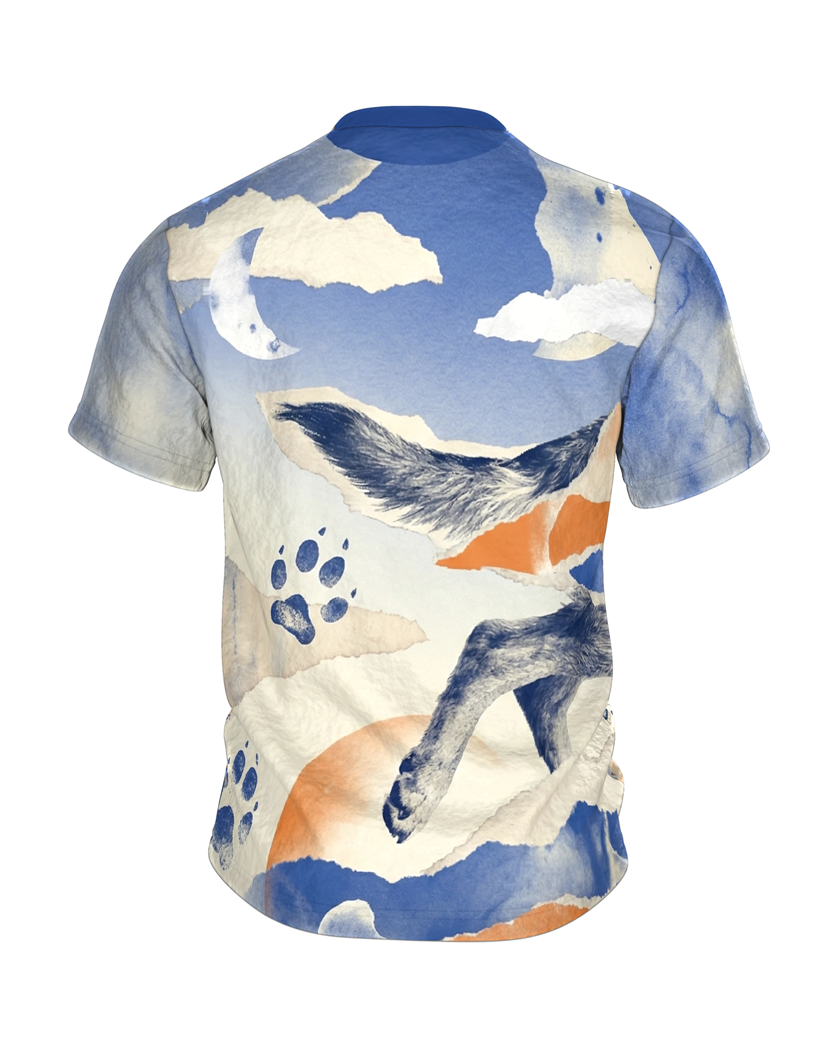 Hund Aquarell Collage T-Shirt, Erinnerungs-Fragmente in Blau Orange als Allover, Rückseite