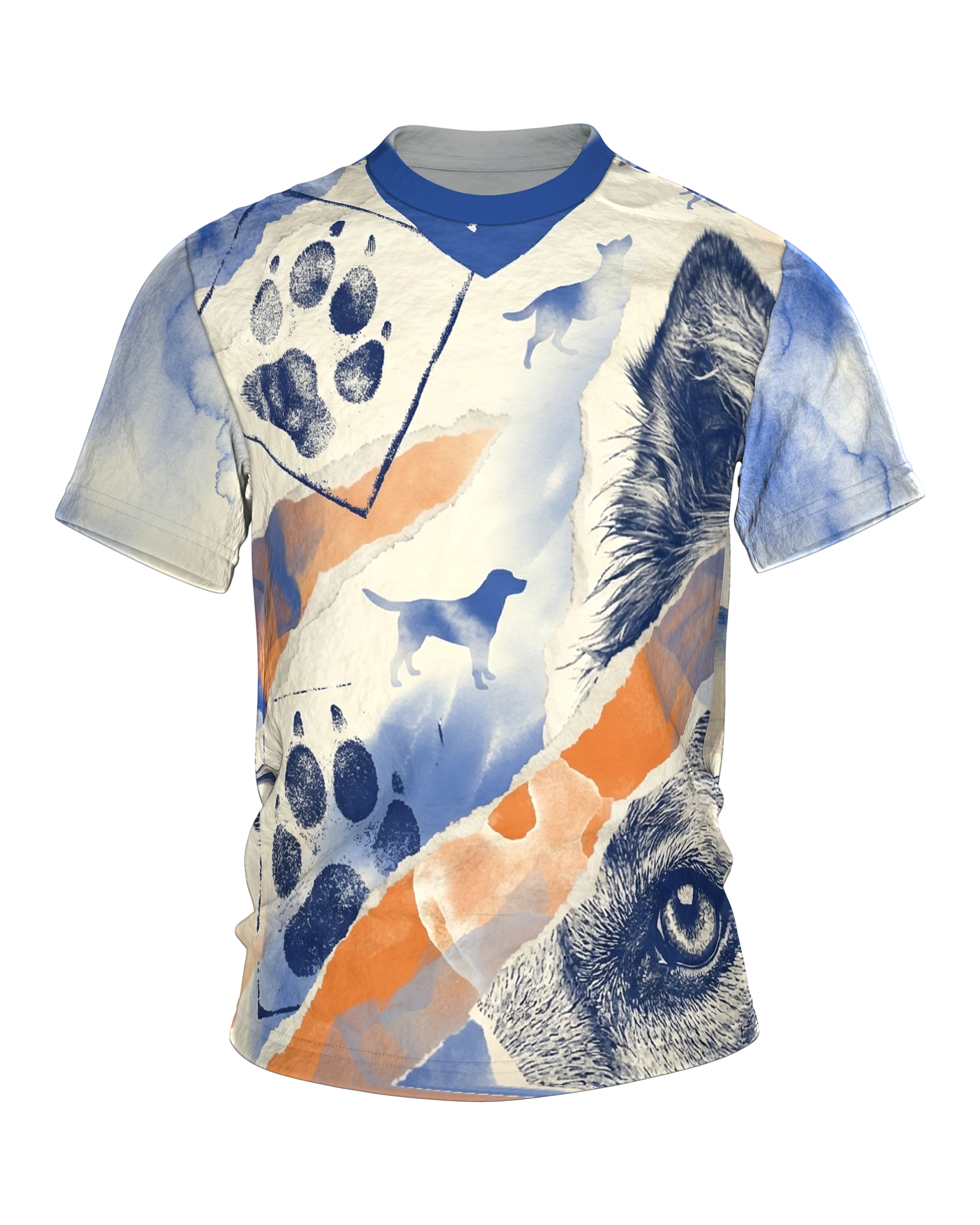 Hund Aquarell Collage T-Shirt, Erinnerungs-Fragmente in Blau Orange als Allover