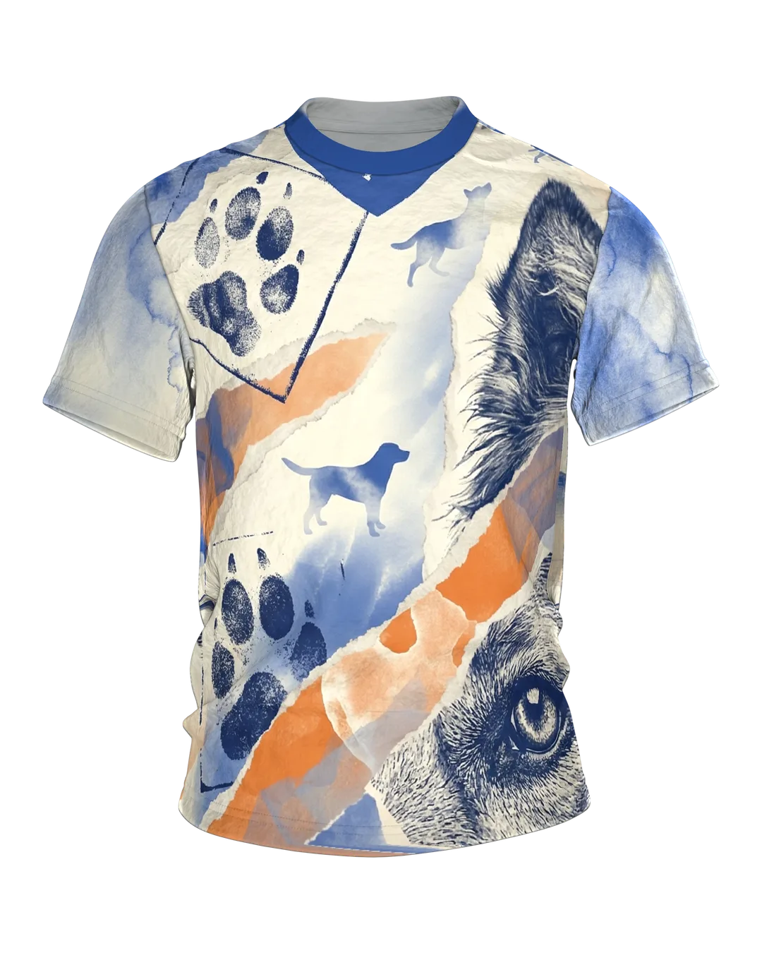 Hund Aquarell Collage T-Shirt, Erinnerungs-Fragmente in Blau Orange als Allover
