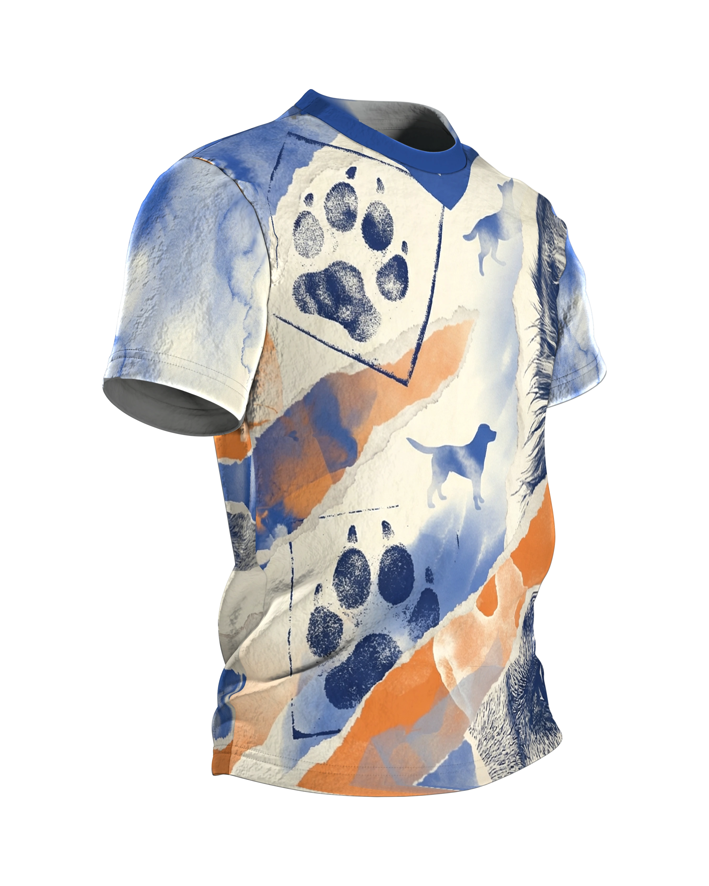 Hund Aquarell Collage T-Shirt, Erinnerungs-Fragmente in Blau Orange als Allover, Seitenansicht links
