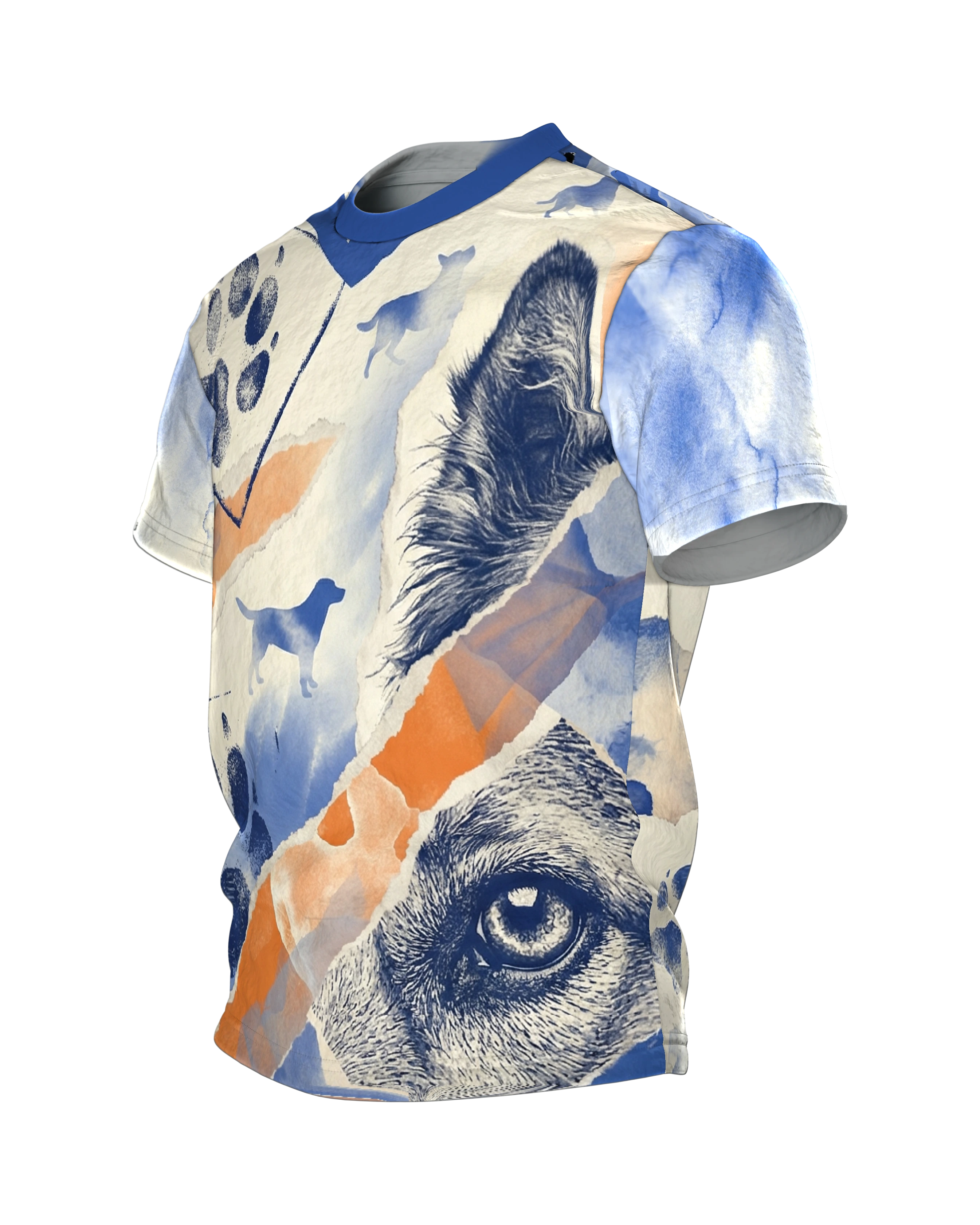 Hund Aquarell Collage T-Shirt, Erinnerungs-Fragmente in Blau Orange als Allover, Seitenansicht rechts