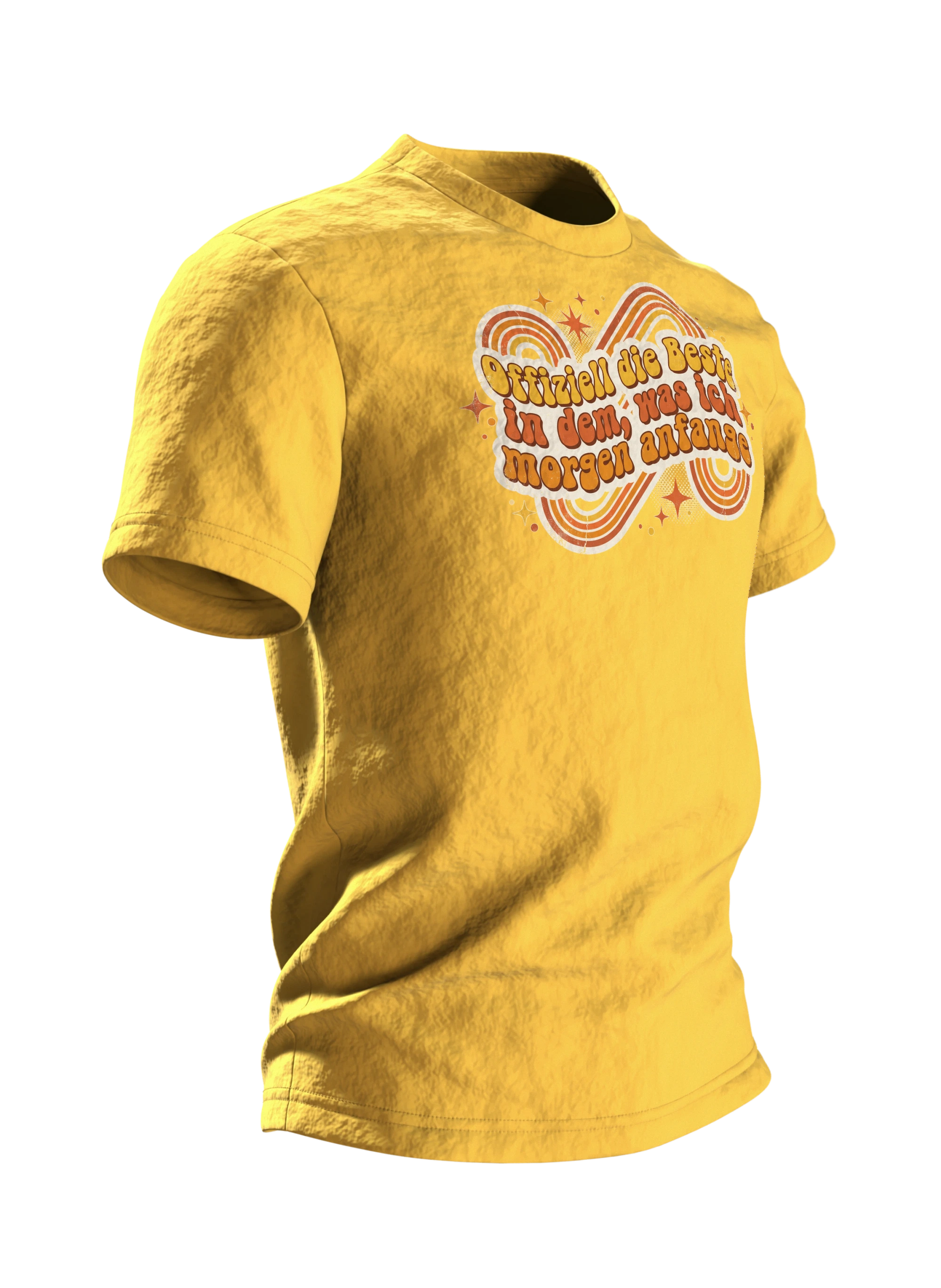 Prokrastination T-Shirt "Offiziell die Beste in dem, was ich morgen anfange", Retro 70s Spruch, Seitenansicht links
