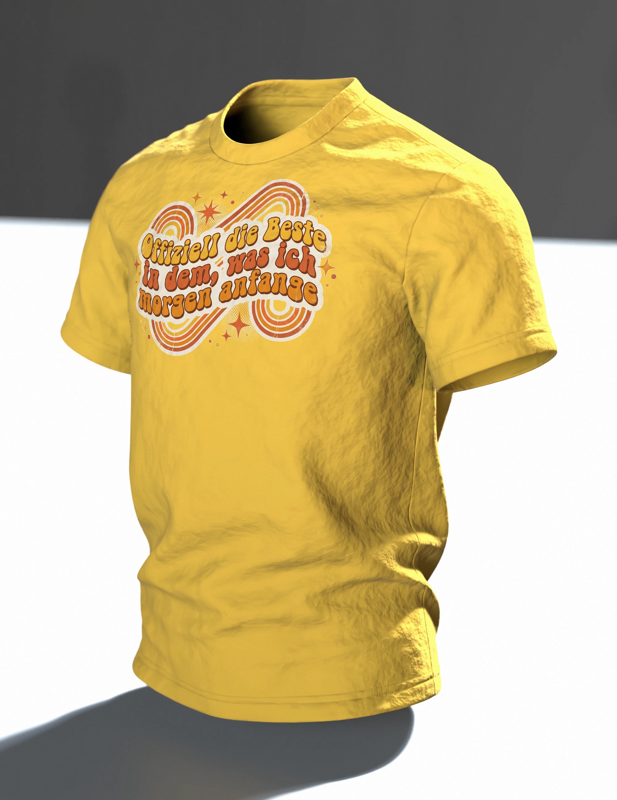 Prokrastination T-Shirt "Offiziell die Beste in dem, was ich morgen anfange", Retro 70s Spruch, Im Raum, schräg