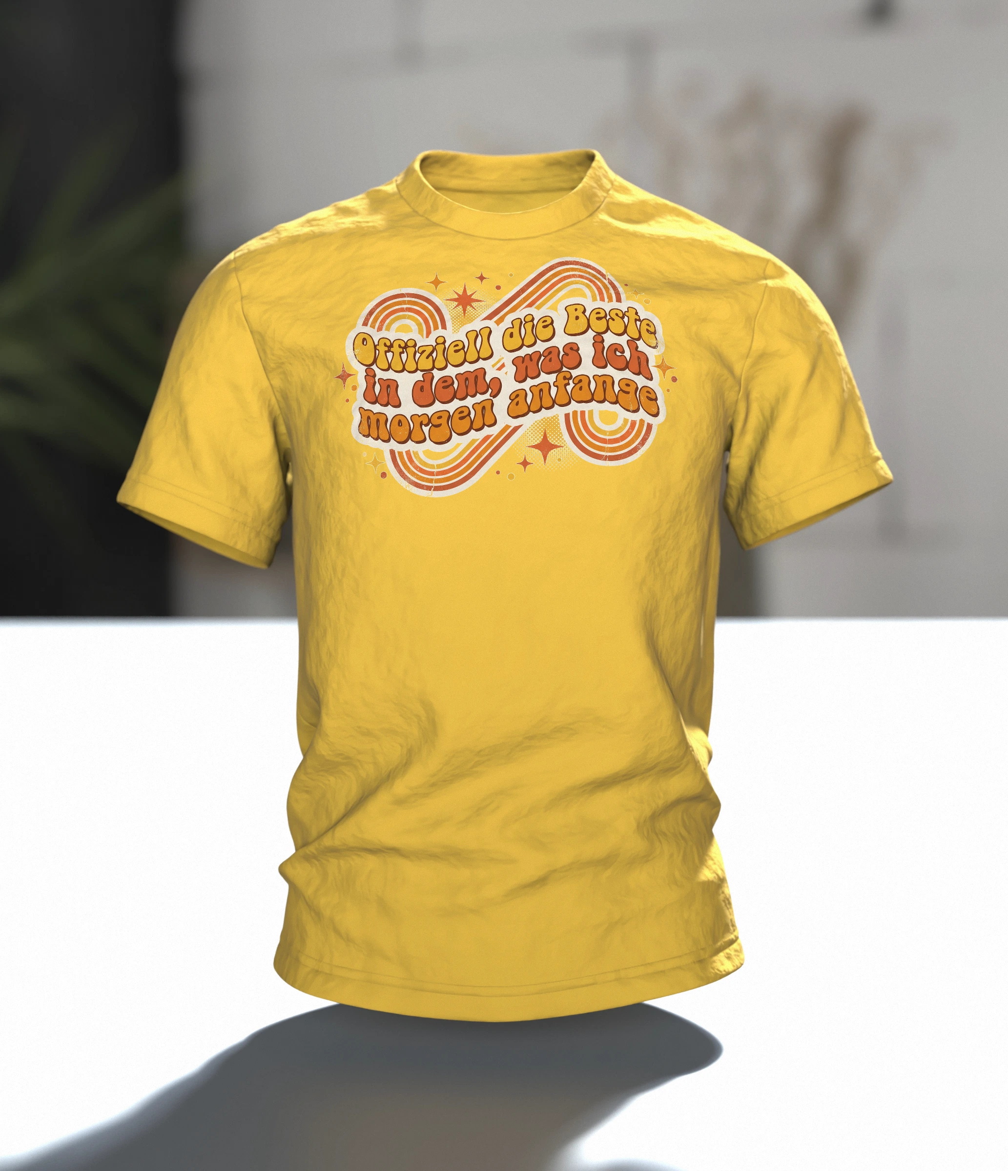 Prokrastination T-Shirt "Offiziell die Beste in dem, was ich morgen anfange", Retro 70s Spruch, Im Raum