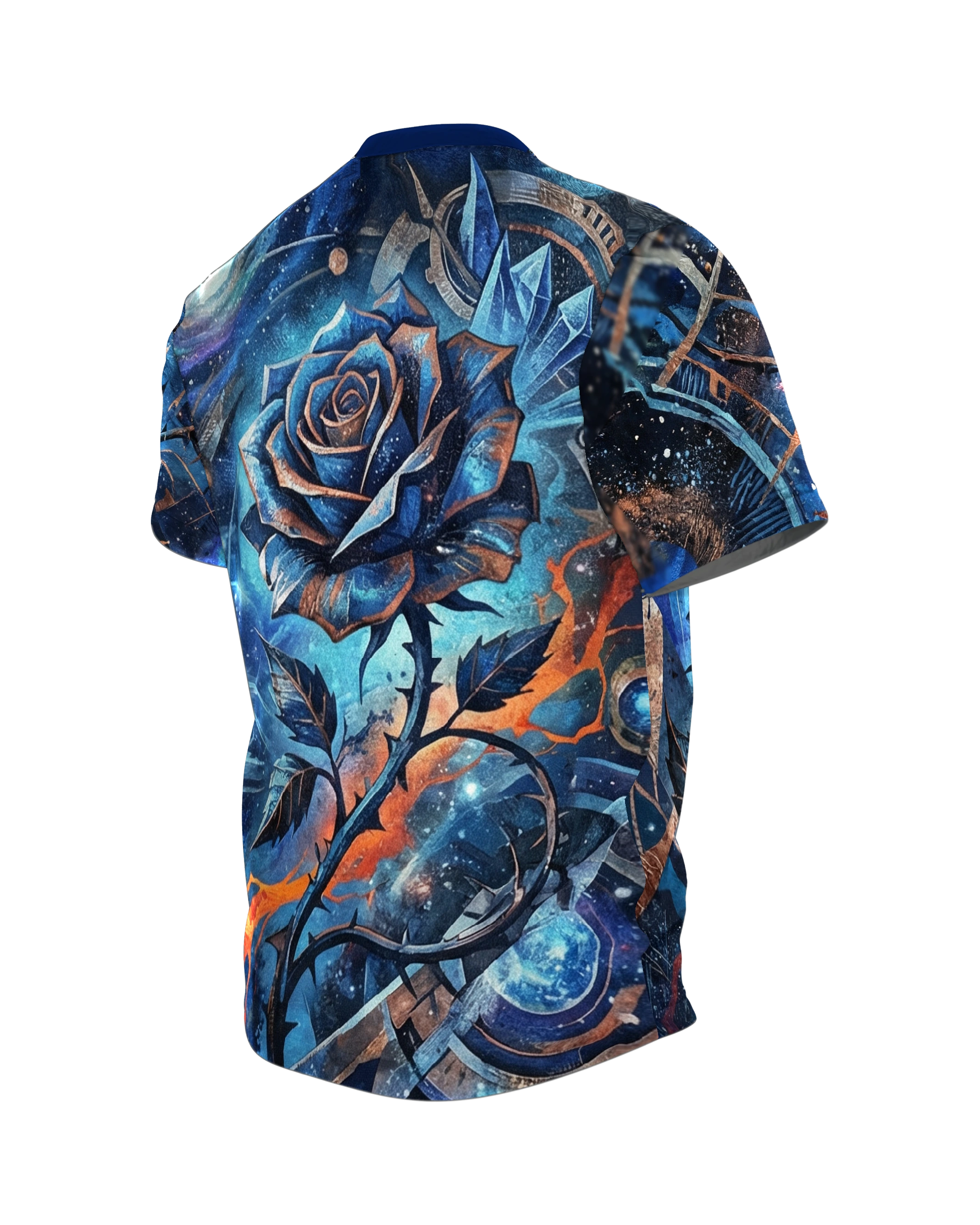 Galaktische Blaue Rose T-Shirt: Space Design, Rückseite schräg links