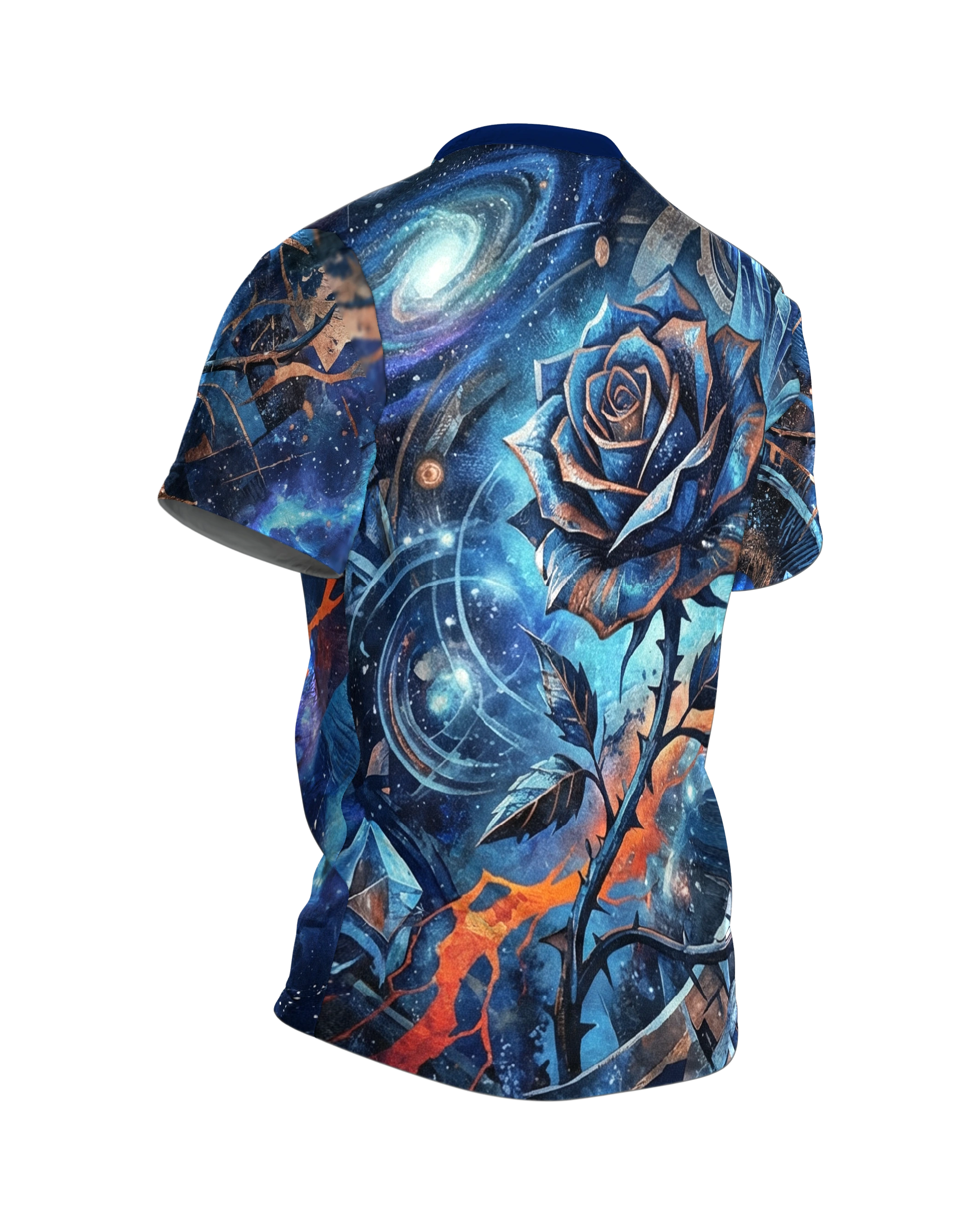 Galaktische Blaue Rose T-Shirt: Space Design, Rückseite schräg rechts