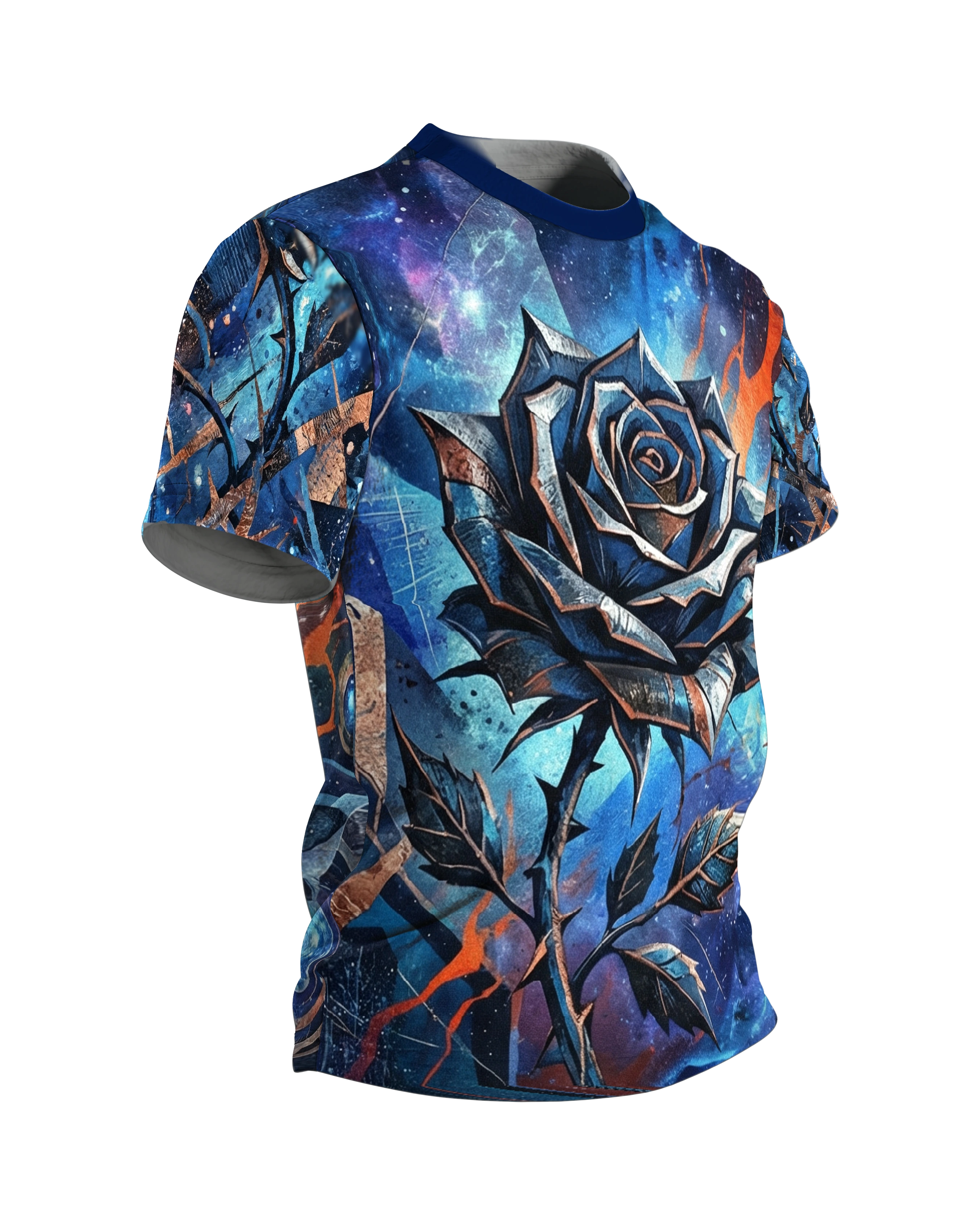 Galaktische Blaue Rose T-Shirt: Space Design, Seitenansicht links