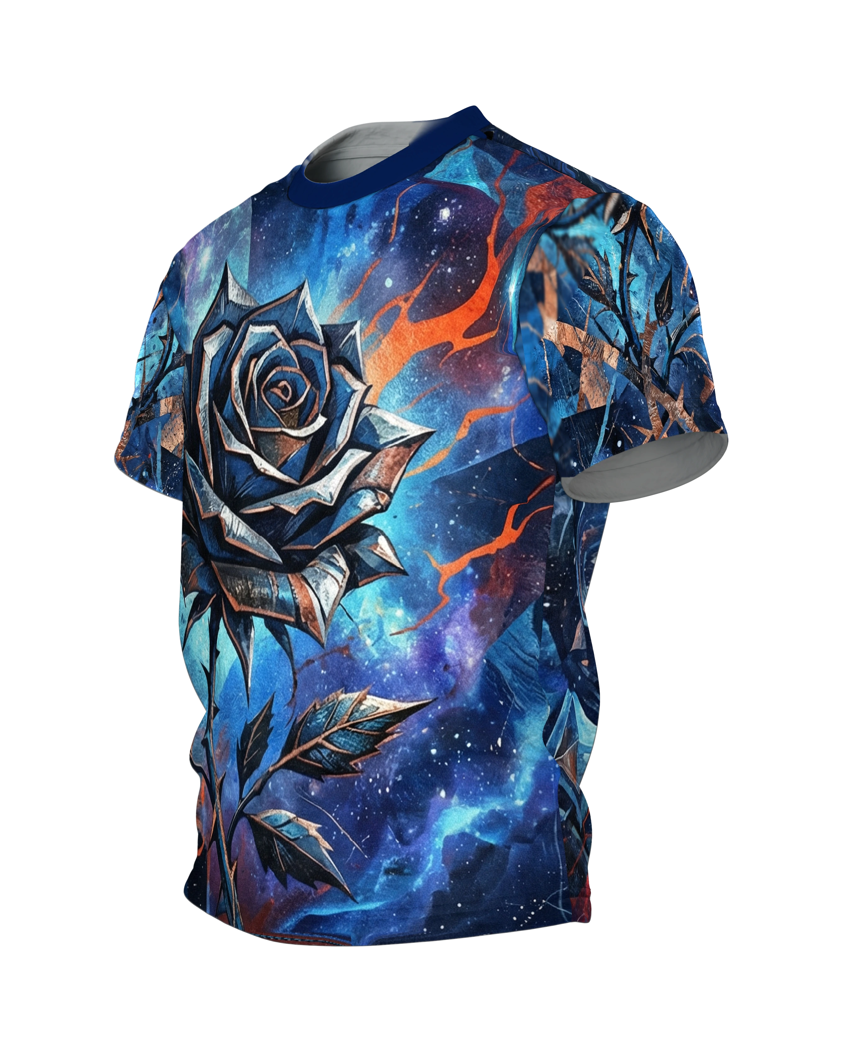 Galaktische Blaue Rose T-Shirt: Space Design, Seitenansicht rechts